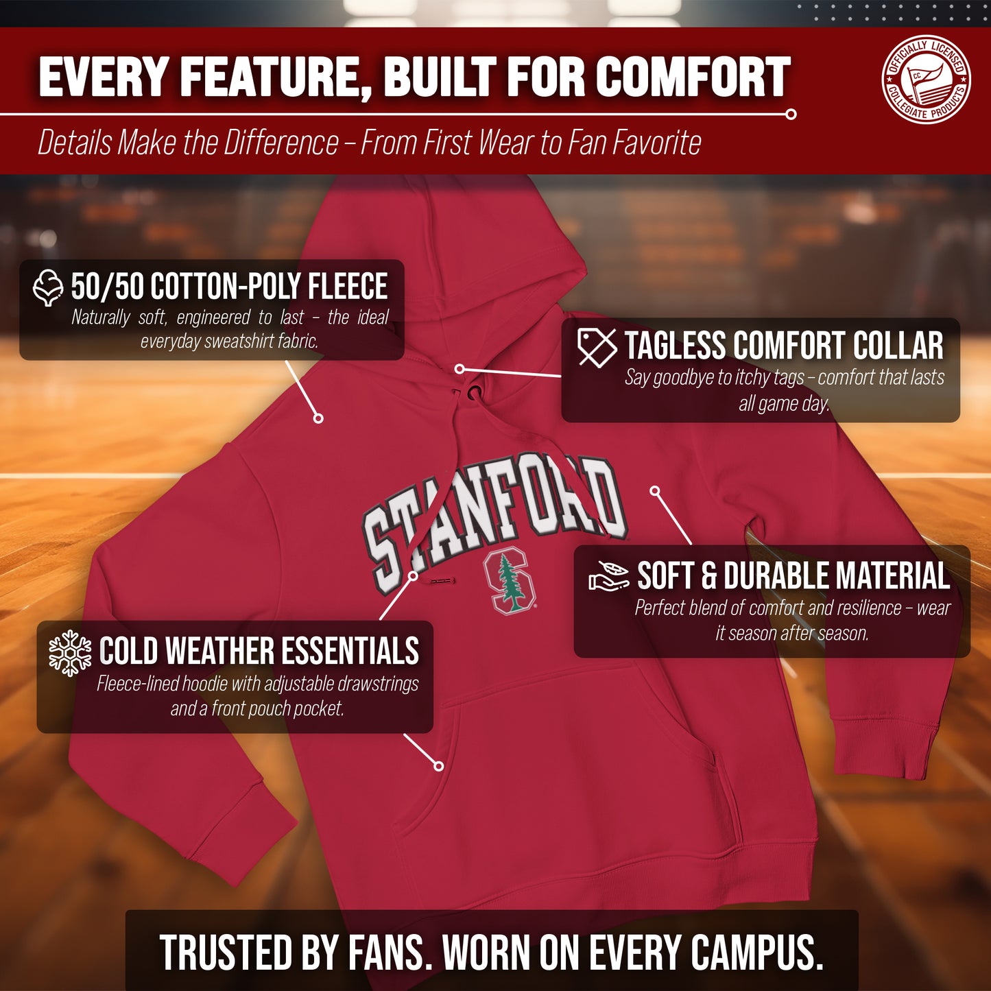 Stanford Cardinal NCAA Adult Tackle Twill Hooded Sweatshirt - Cardinal