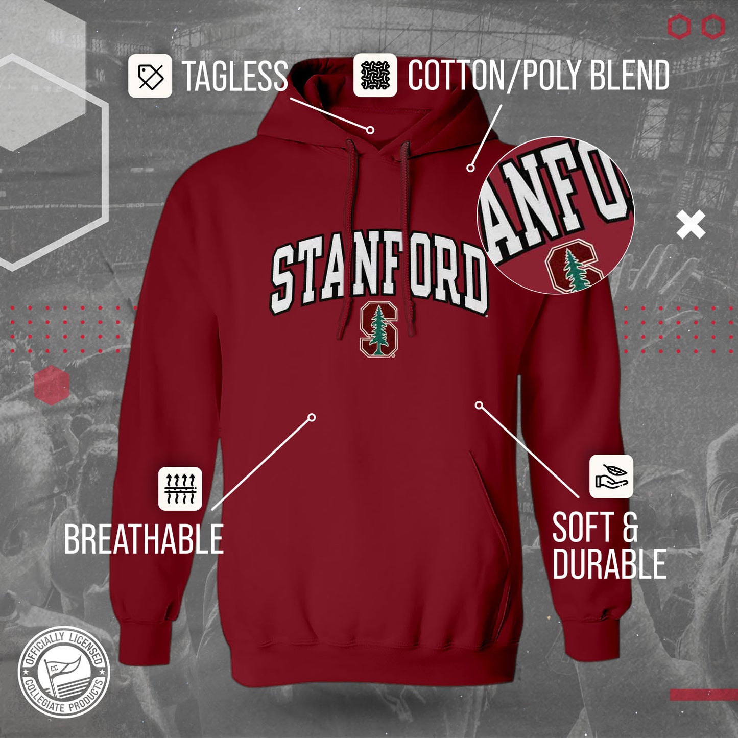 Stanford Cardinal NCAA Adult Tackle Twill Hooded Sweatshirt - Cardinal