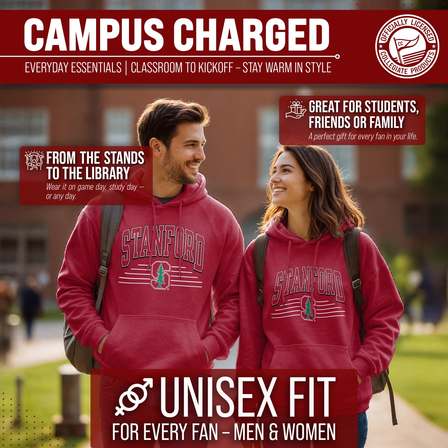 Stanford Cardinal NCAA Adult Unisex Overtime Classics Hooded Fleece Sweatshirt - Cardinal