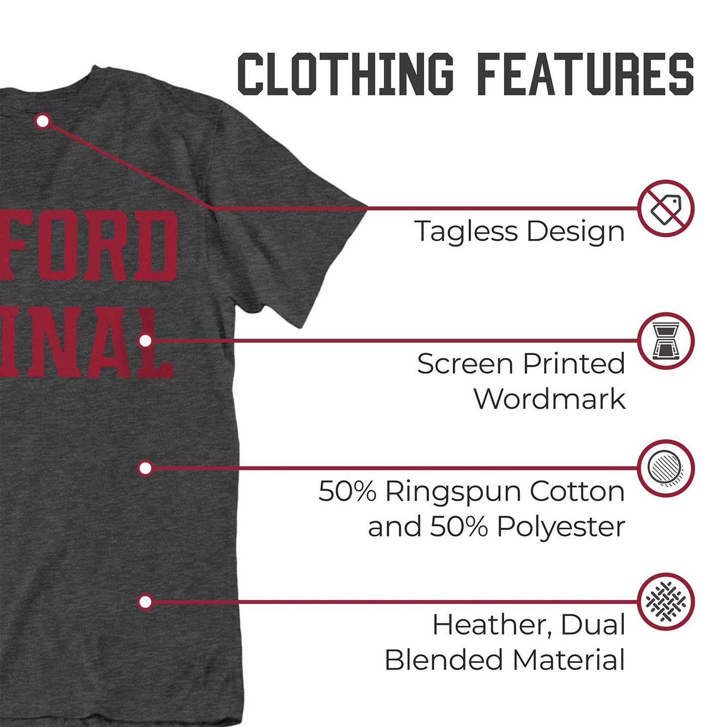 Stanford Cardinal Campus Colors NCAA Adult Cotton Blend Charcoal Tagless T-Shirt - Charcoal