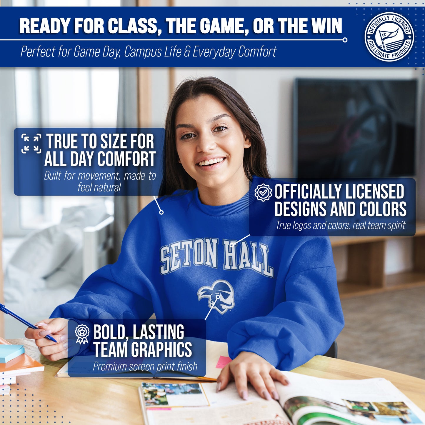 Seton Hall Pirates Adult Arch & Logo Soft Style Gameday Crewneck Sweatshirt - Royal