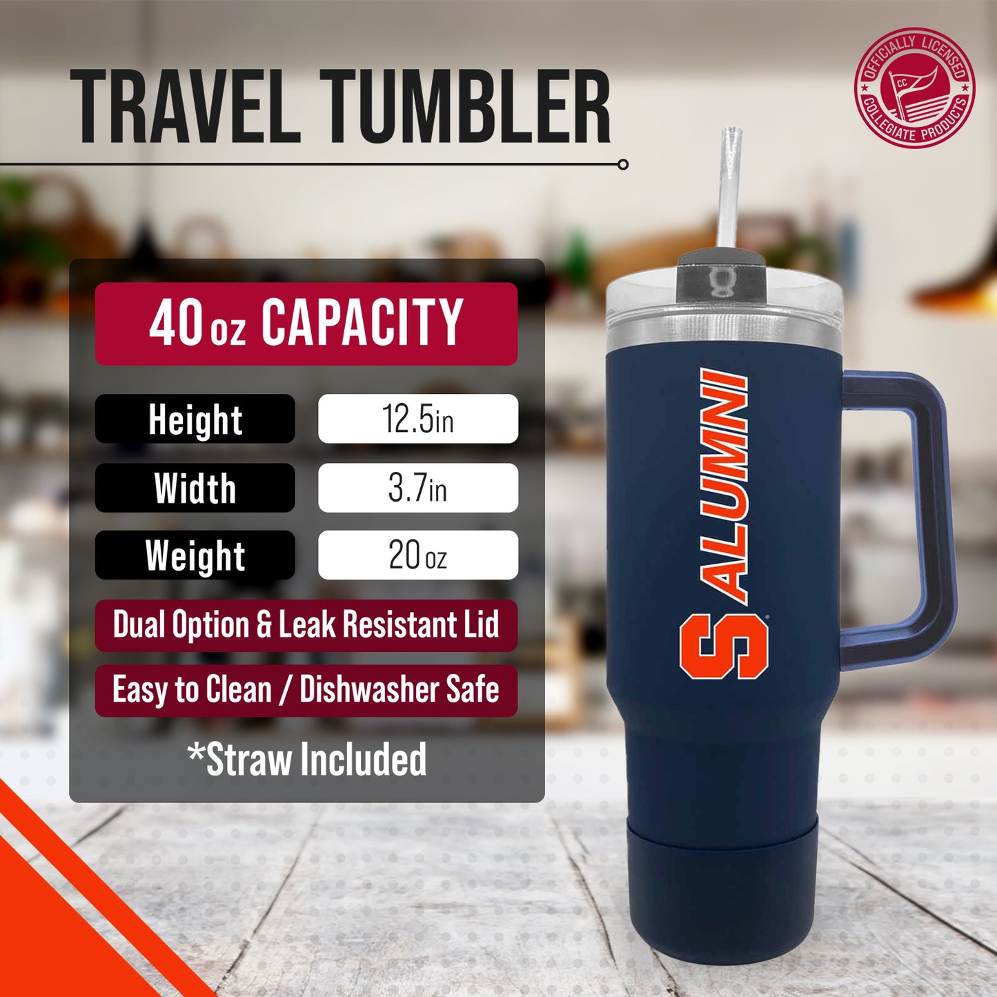Syracuse Orange Collegiate 40oz Stainless Steel Travel Tumbler with Handle for Alumni - Navy
