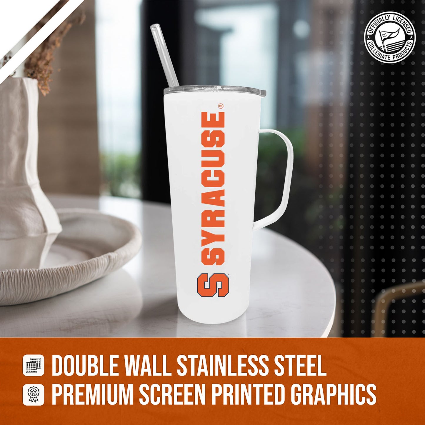 Syracuse Orange NCAA Stainless Steel 20oz Roadie With Handle & Dual Option Lid With Straw - White