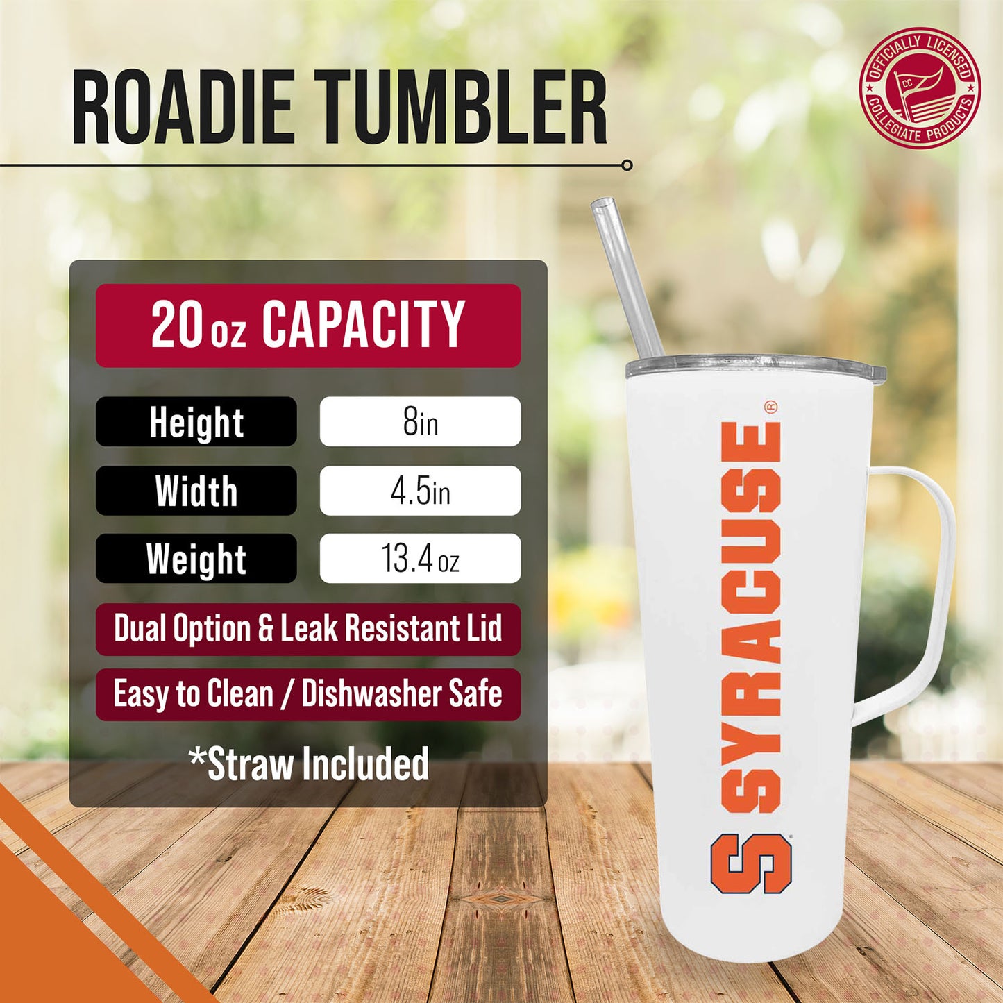 Syracuse Orange NCAA Stainless Steel 20oz Roadie With Handle & Dual Option Lid With Straw - White