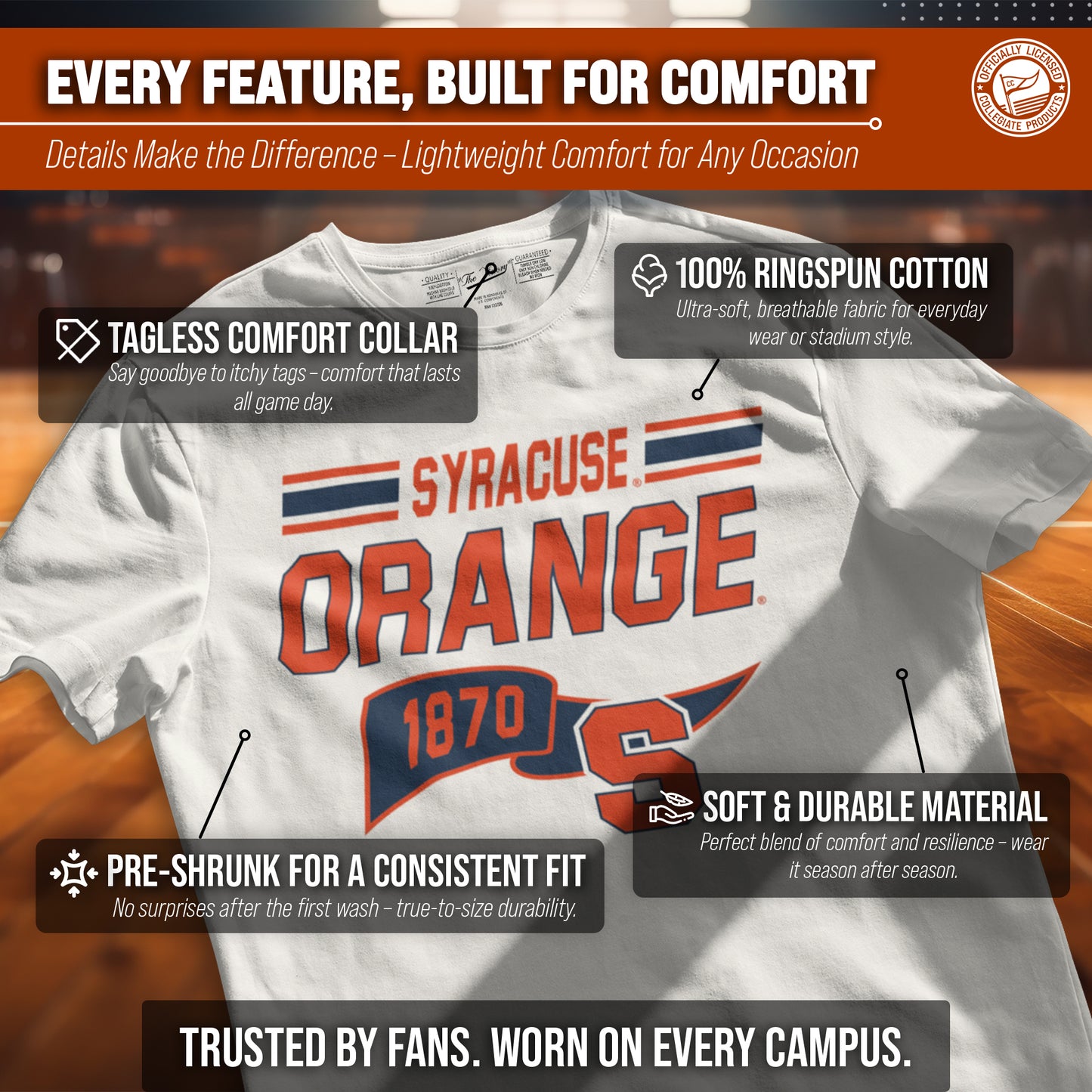 Syracuse Orange NCAA Adult Unisex Varsity Club Pennant T-Shirt Tag-Less - Off White