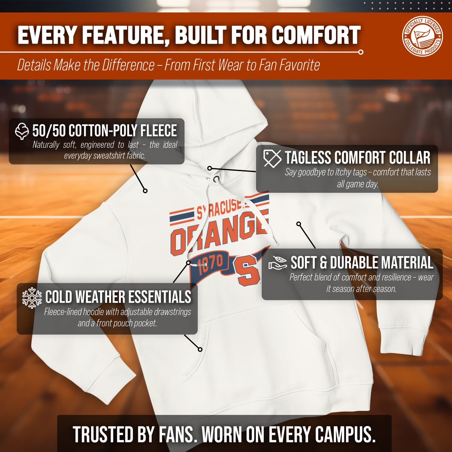 Syracuse Orange NCAA Adult Unisex Varsity Club Pennant Hooded Fleece Sweatshirt - Off White
