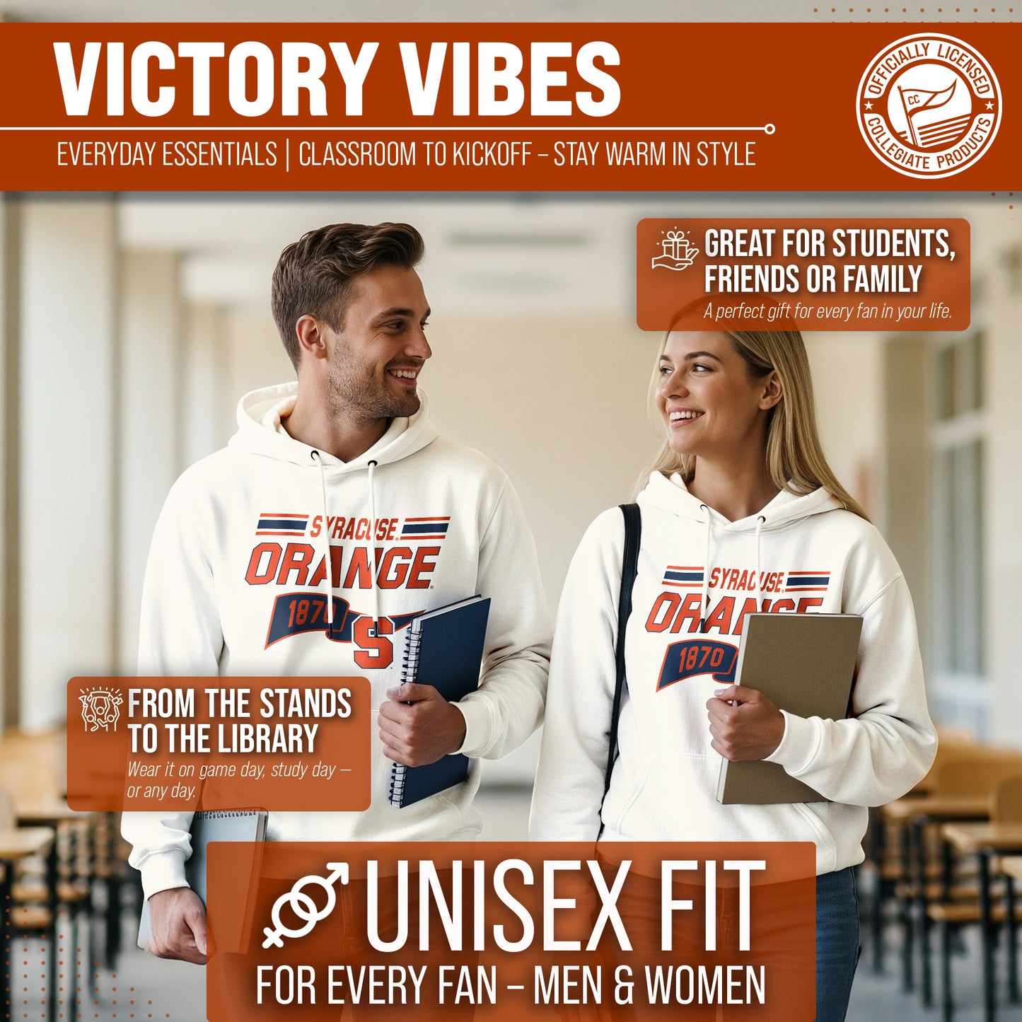 Syracuse Orange NCAA Adult Unisex Varsity Club Pennant Hooded Fleece Sweatshirt - Off White