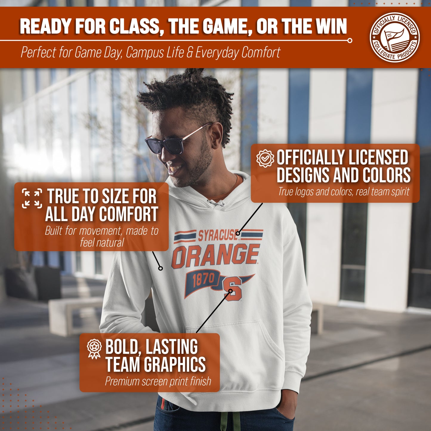 Syracuse Orange NCAA Adult Unisex Varsity Club Pennant Hooded Fleece Sweatshirt - Off White