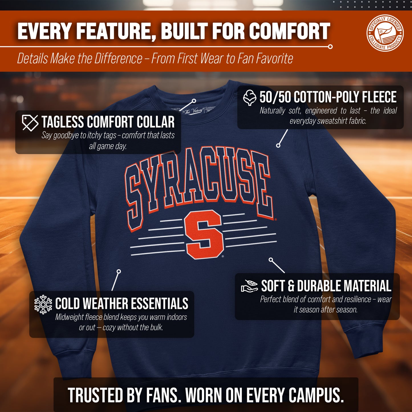 Syracuse Orange NCAA Adult Unisex Overtime Classics Crewneck Fleece Sweatshirt - Navy