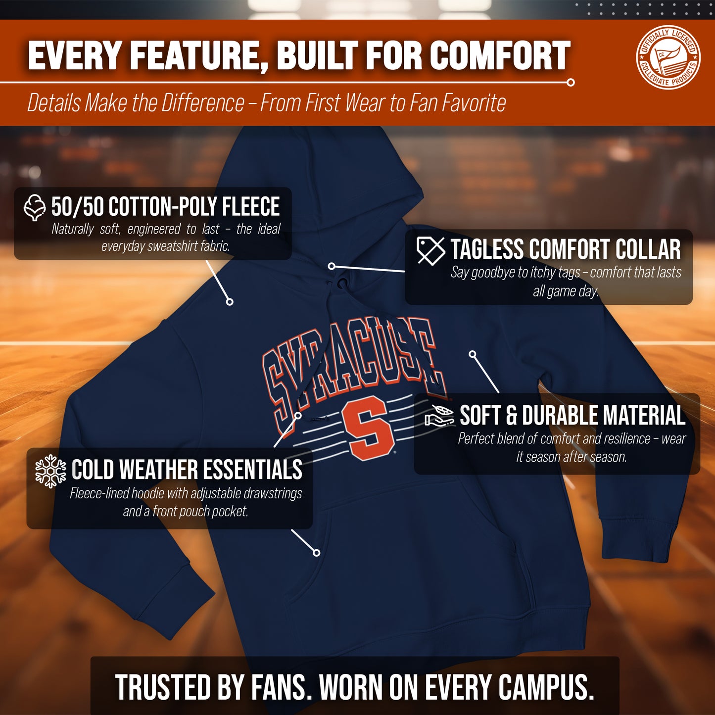 Syracuse Orange NCAA Adult Unisex Overtime Classics Hooded Fleece Sweatshirt - Navy