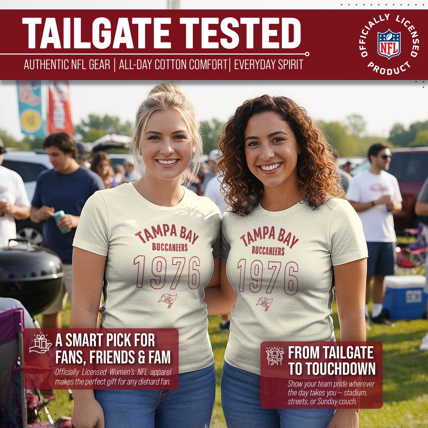 Tampa Bay Buccaneers NFL Womens Big Date Tag-Less T-Shirt - Natural