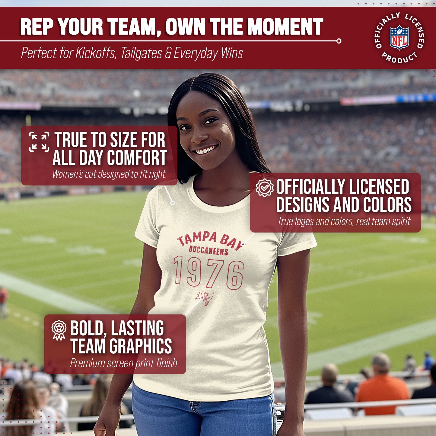 Tampa Bay Buccaneers NFL Womens Big Date Tag-Less T-Shirt - Natural