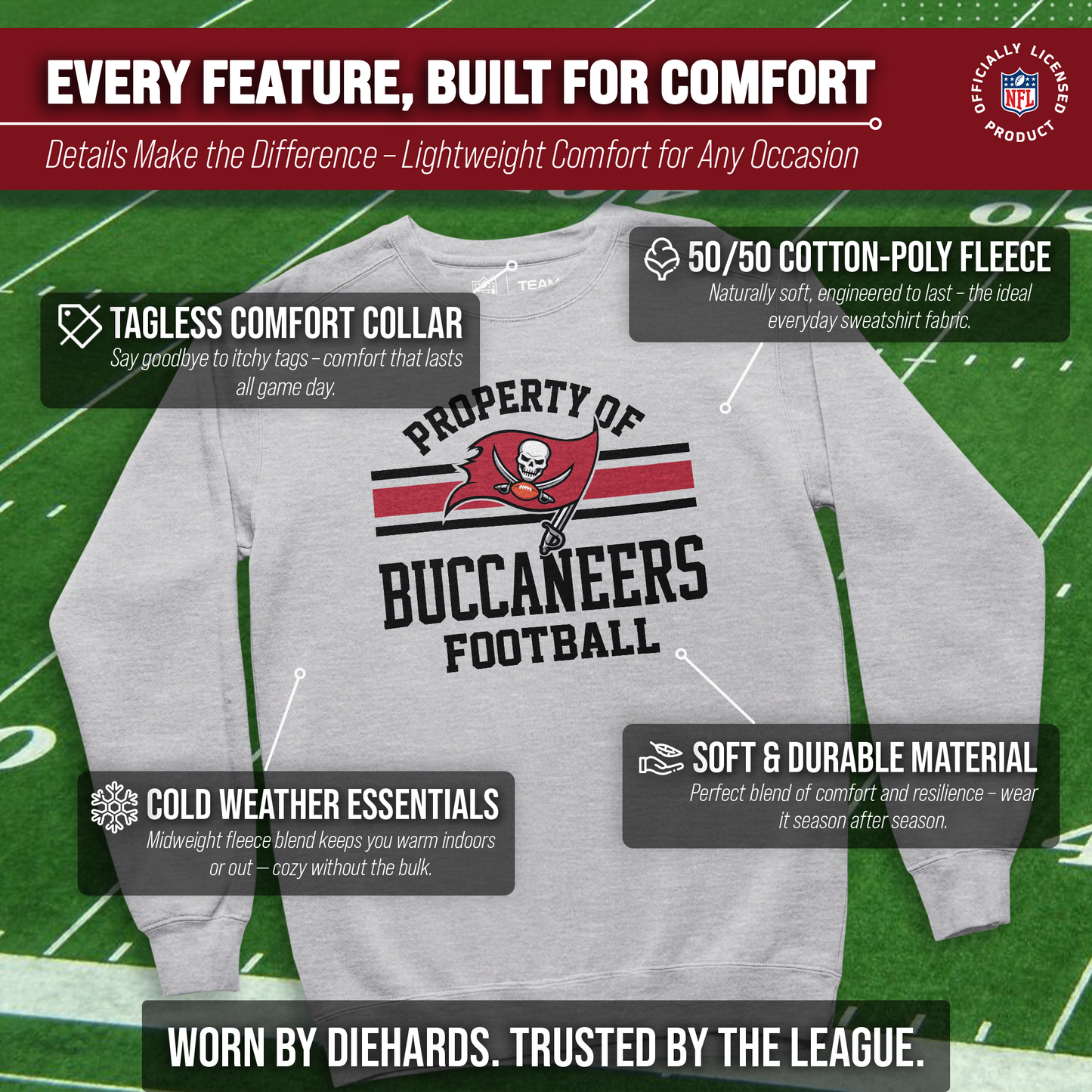 Tampa Bay Buccaneers NFL Adult Property Of Crewneck Fleece Sweatshirt - Sport Gray