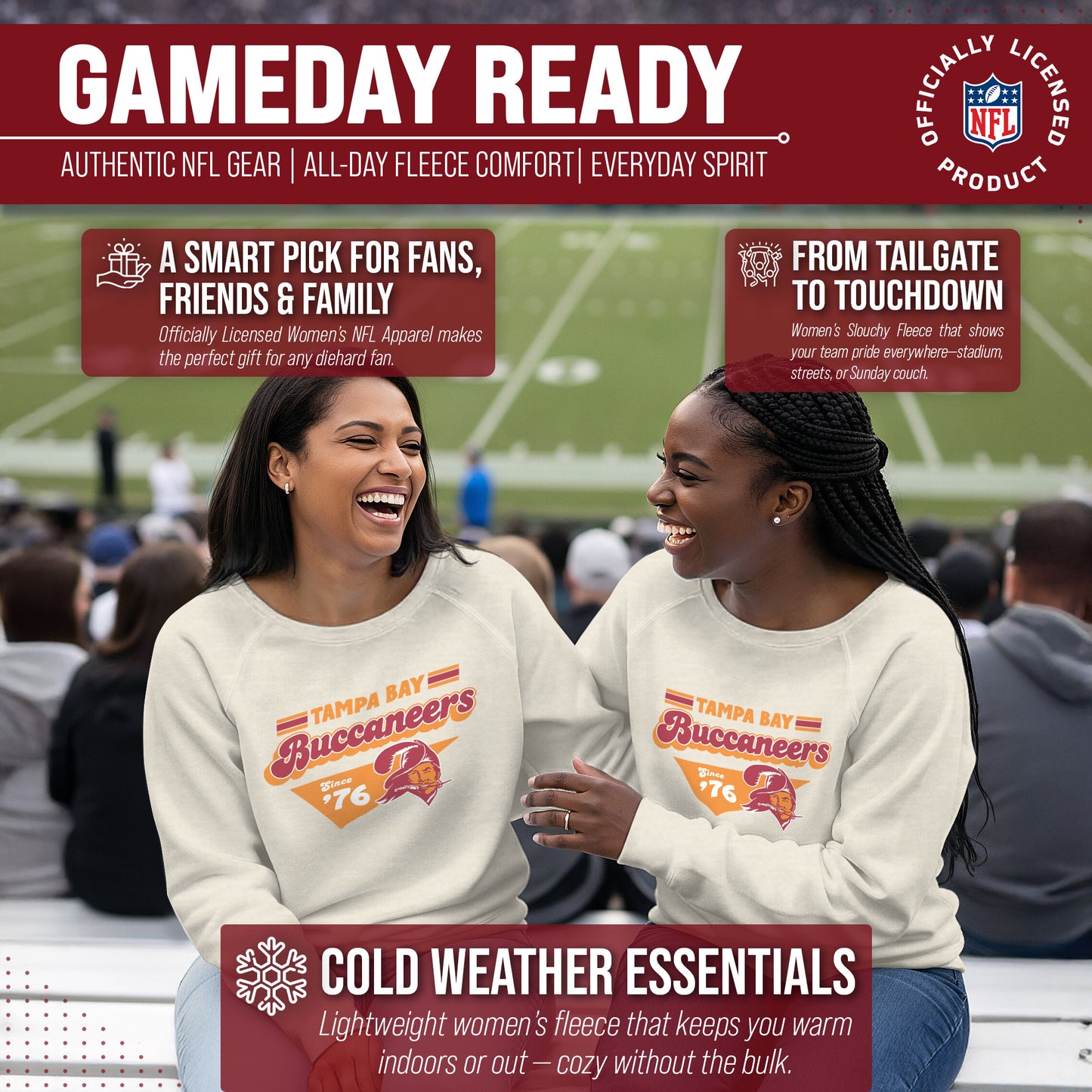 Tampa Bay Buccaneers NFL Womens Vintage Charm Slouchy Crewneck - Birch