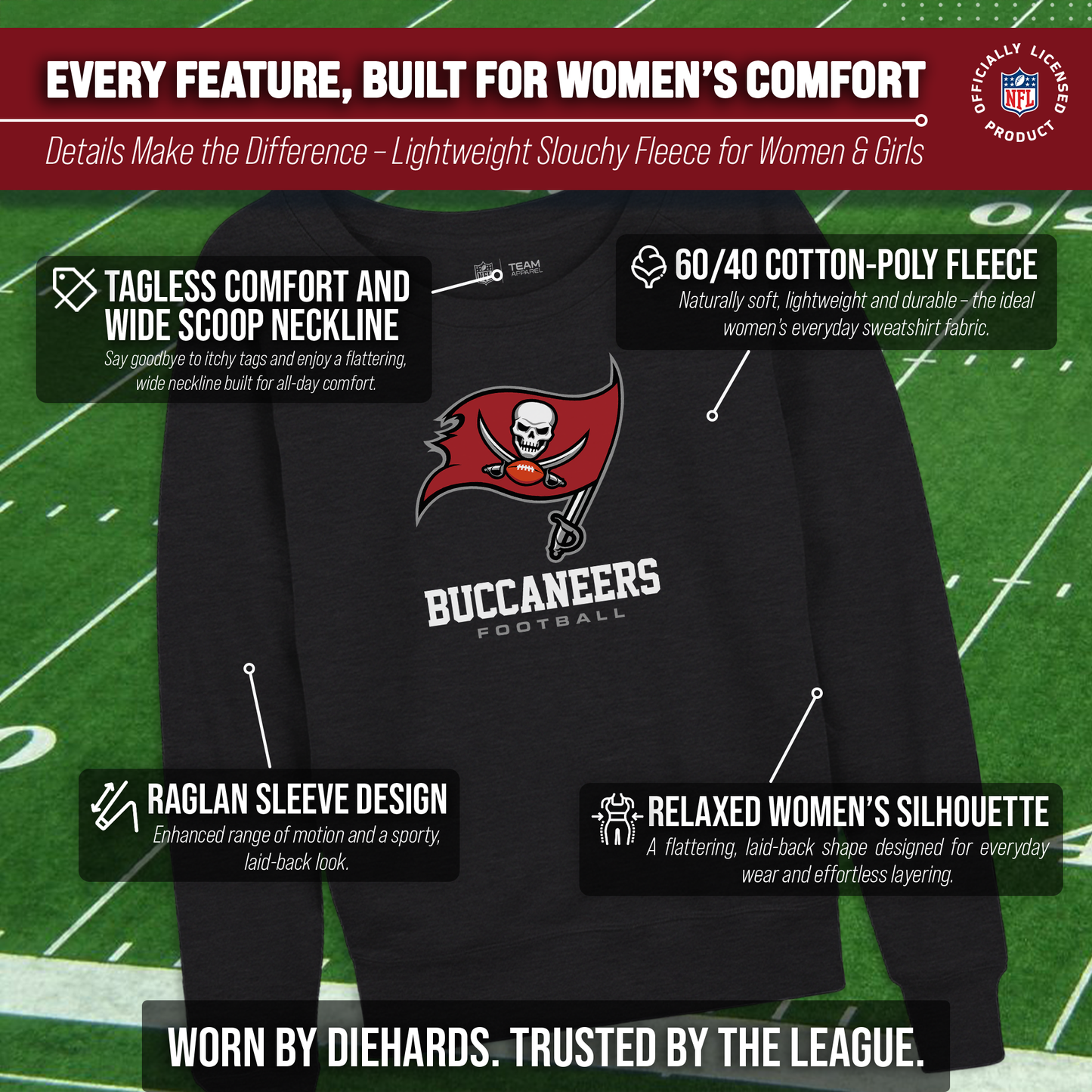 Tampa Bay Buccaneers Women's NFL Ultimate Fan Logo Slouchy Crewneck -Tagless Fleece Lightweight Pullover - Charcoal