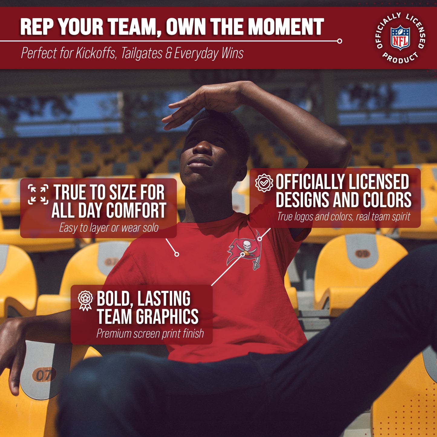 Tampa Bay Buccaneers NFL Pro Football Final Countdown Adult Cotton-Poly Short Sleeved T-Shirt For Men & Women - Cardinal