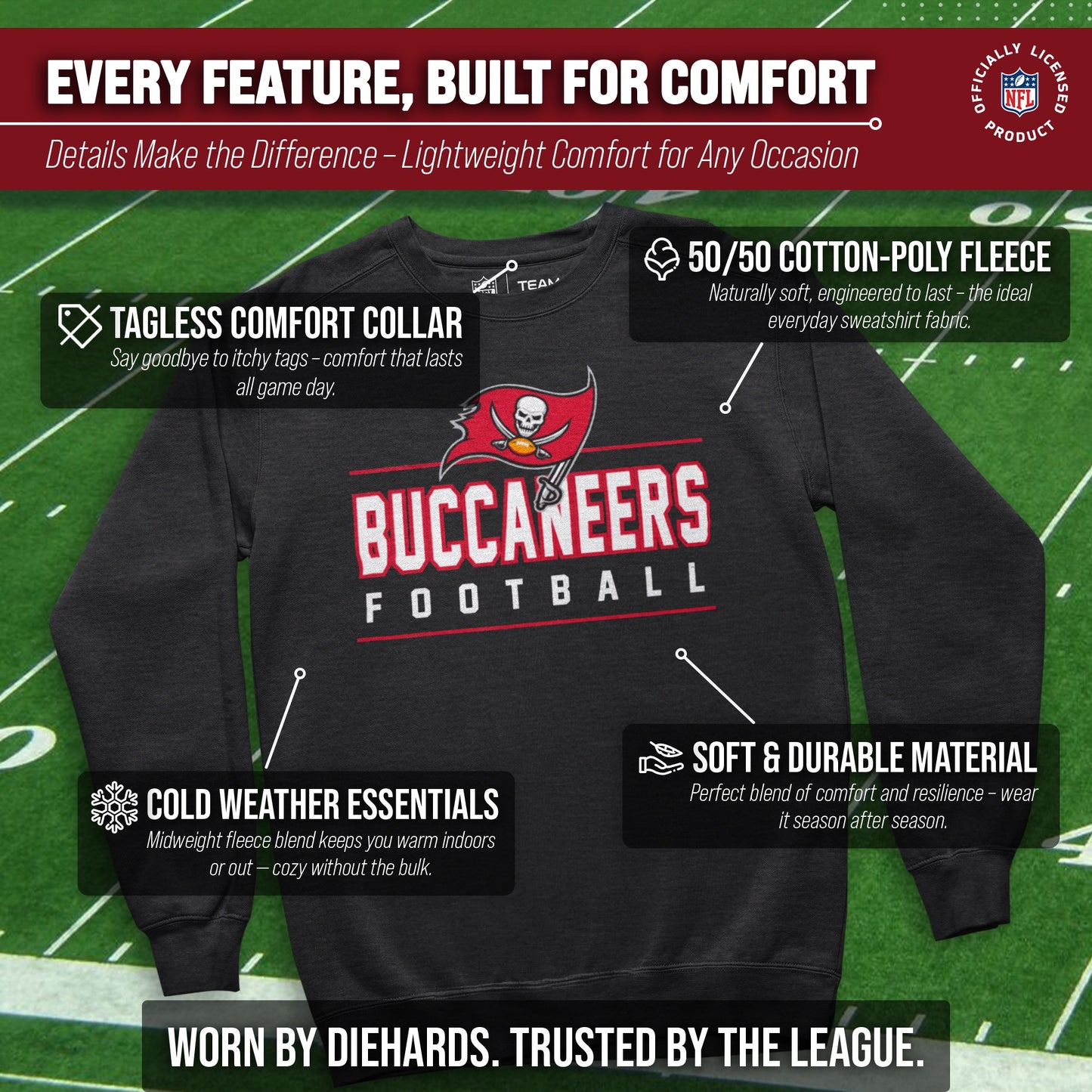 Tampa Bay Buccaneers NFL Adult True Fan Crewneck Sweatshirt - Charcoal