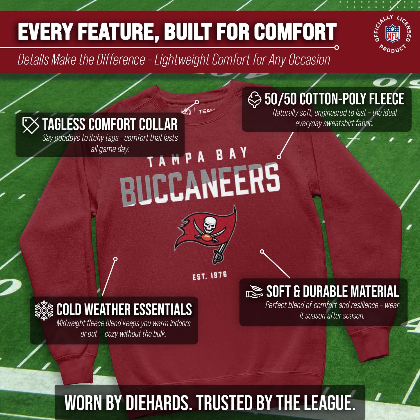 Tampa Bay Buccaneers Adult NFL Diagonal Fade Color Block Crewneck Sweatshirt - Cardinal
