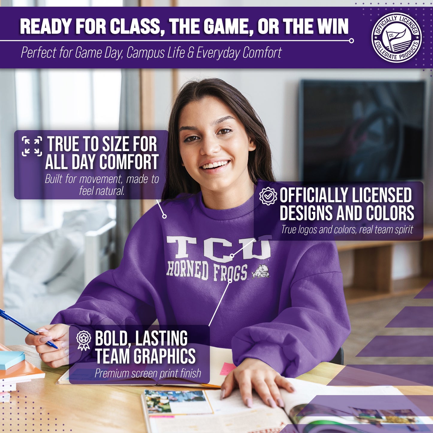 TCU Horned Frogs Adult Arch & Logo Soft Style Gameday Crewneck Sweatshirt - Purple