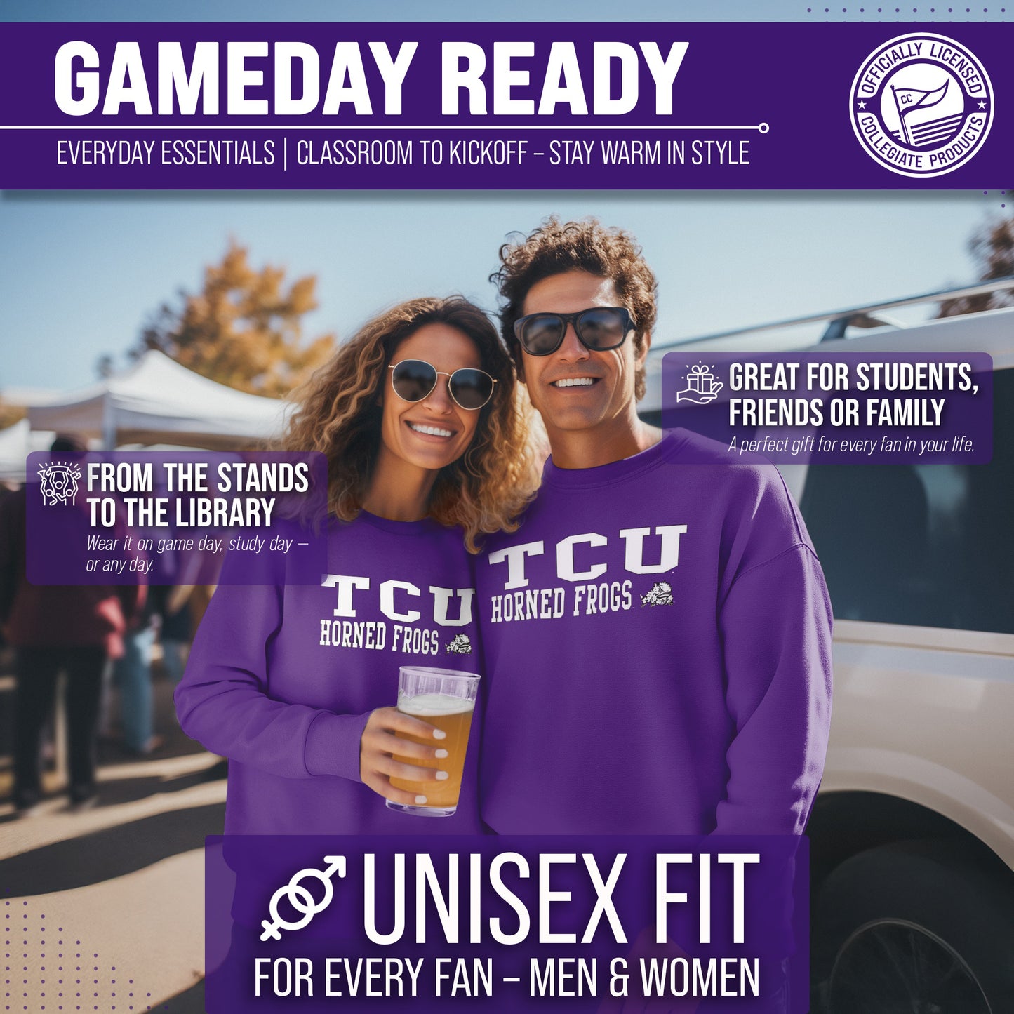 TCU Horned Frogs Adult Arch & Logo Soft Style Gameday Crewneck Sweatshirt - Purple