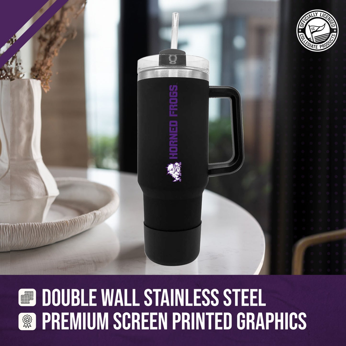 TCU Horned Frogs College & University 40 oz Travel Tumbler With Handle - Black