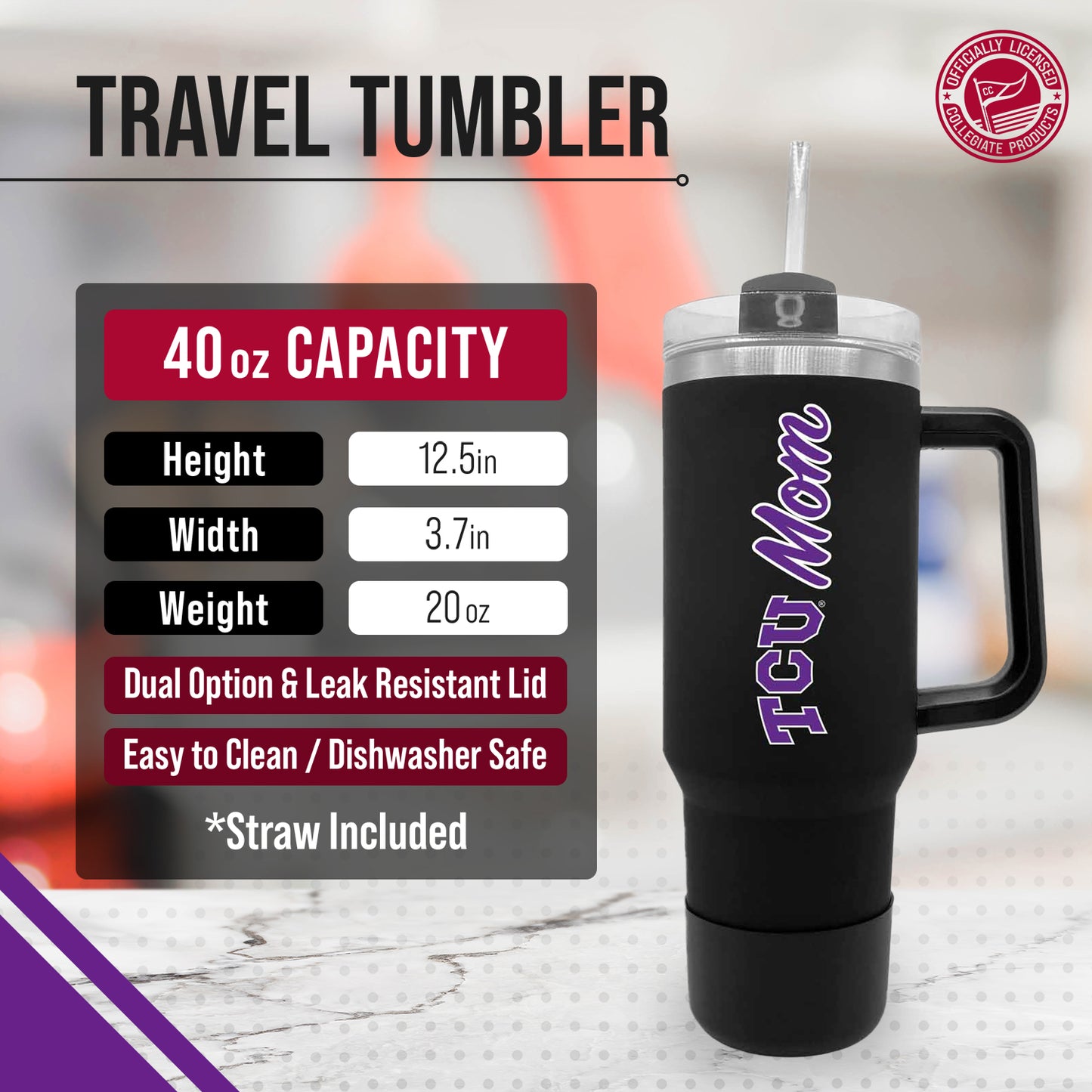 TCU Horned Frogs Collegiate 40oz Stainless Steel Travel Tumbler with Handle for Mom - Black