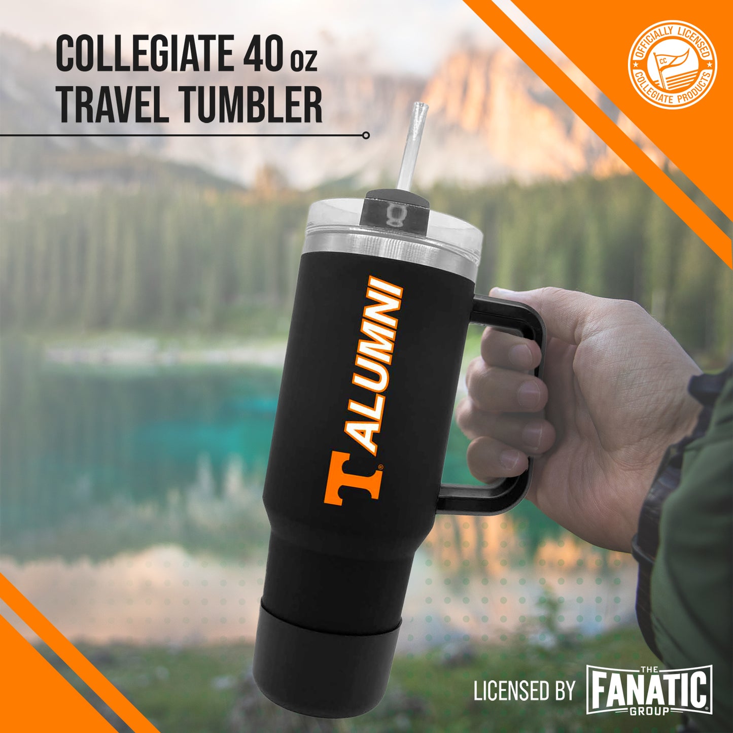 Tennessee Volunteers Collegiate 40oz Stainless Steel Travel Tumbler with Handle for Alumni - Black