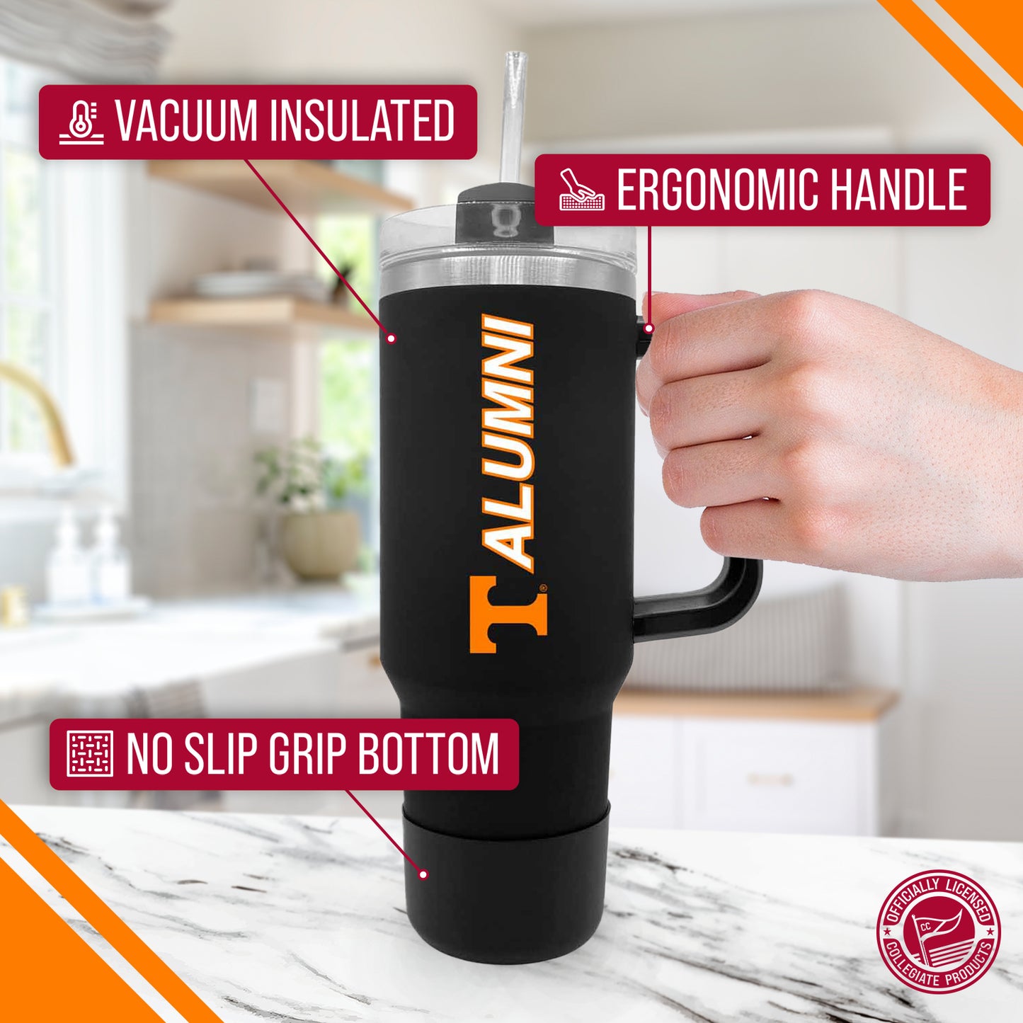 Tennessee Volunteers Collegiate 40oz Stainless Steel Travel Tumbler with Handle for Alumni - Black