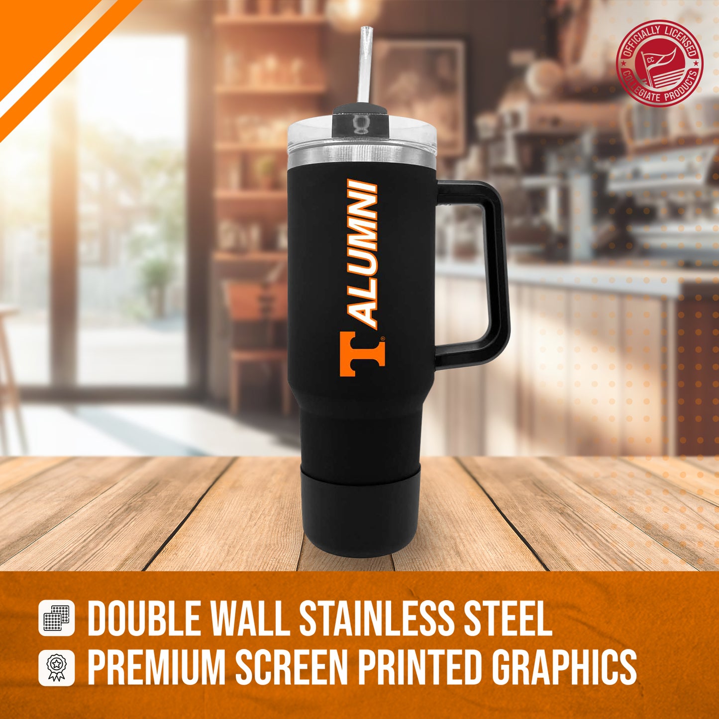 Tennessee Volunteers Collegiate 40oz Stainless Steel Travel Tumbler with Handle for Alumni - Black