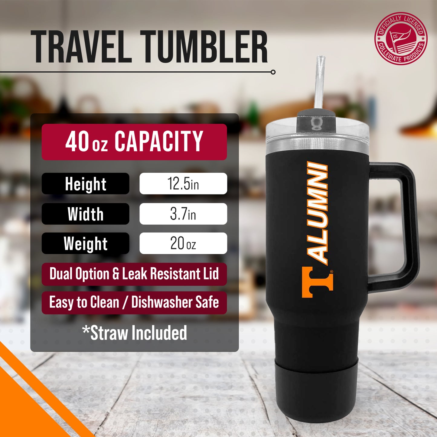 Tennessee Volunteers Collegiate 40oz Stainless Steel Travel Tumbler with Handle for Alumni - Black