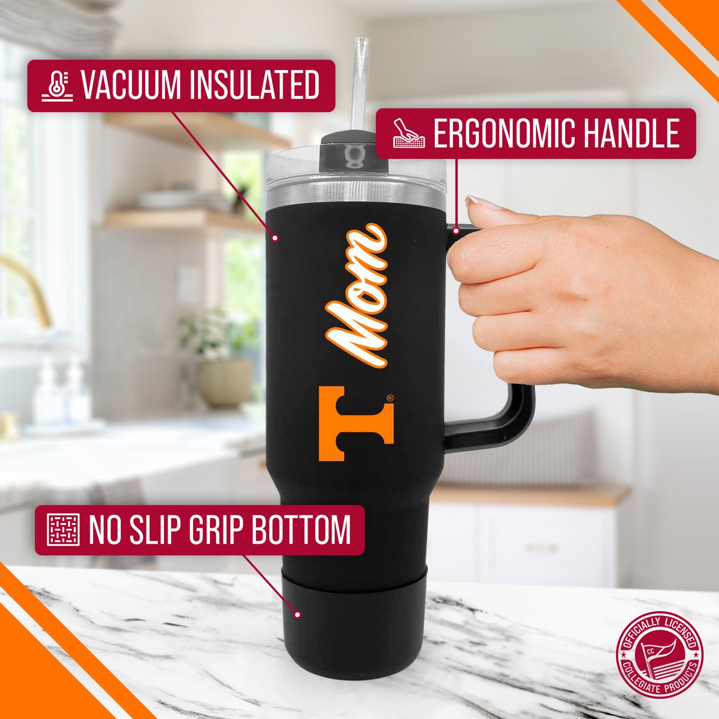 Tennessee Volunteers Collegiate 40oz Stainless Steel Travel Tumbler with Handle for Mom - Black