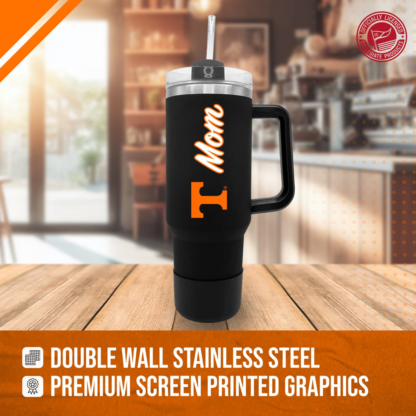 Tennessee Volunteers Collegiate 40oz Stainless Steel Travel Tumbler with Handle for Mom - Black