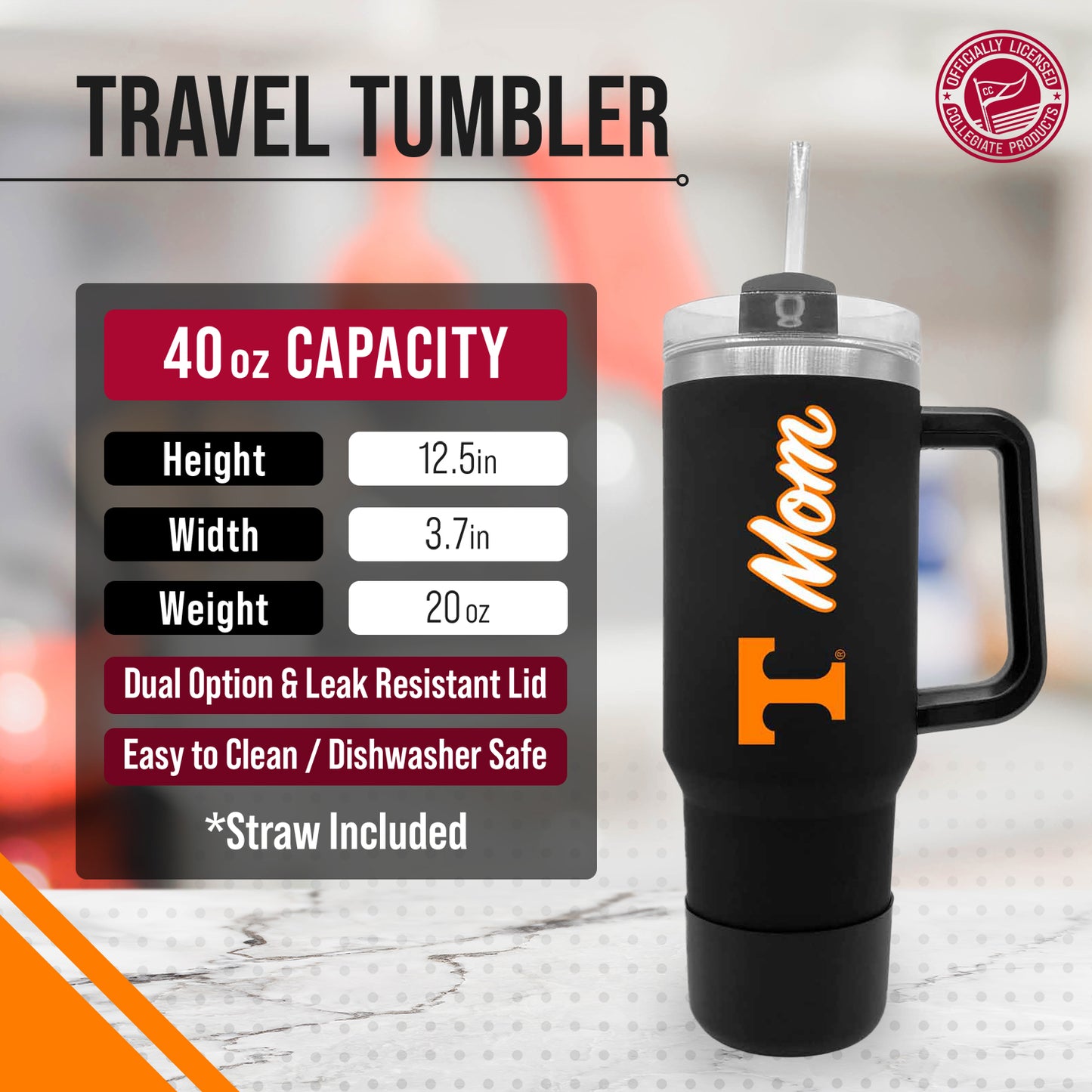 Tennessee Volunteers Collegiate 40oz Stainless Steel Travel Tumbler with Handle for Mom - Black