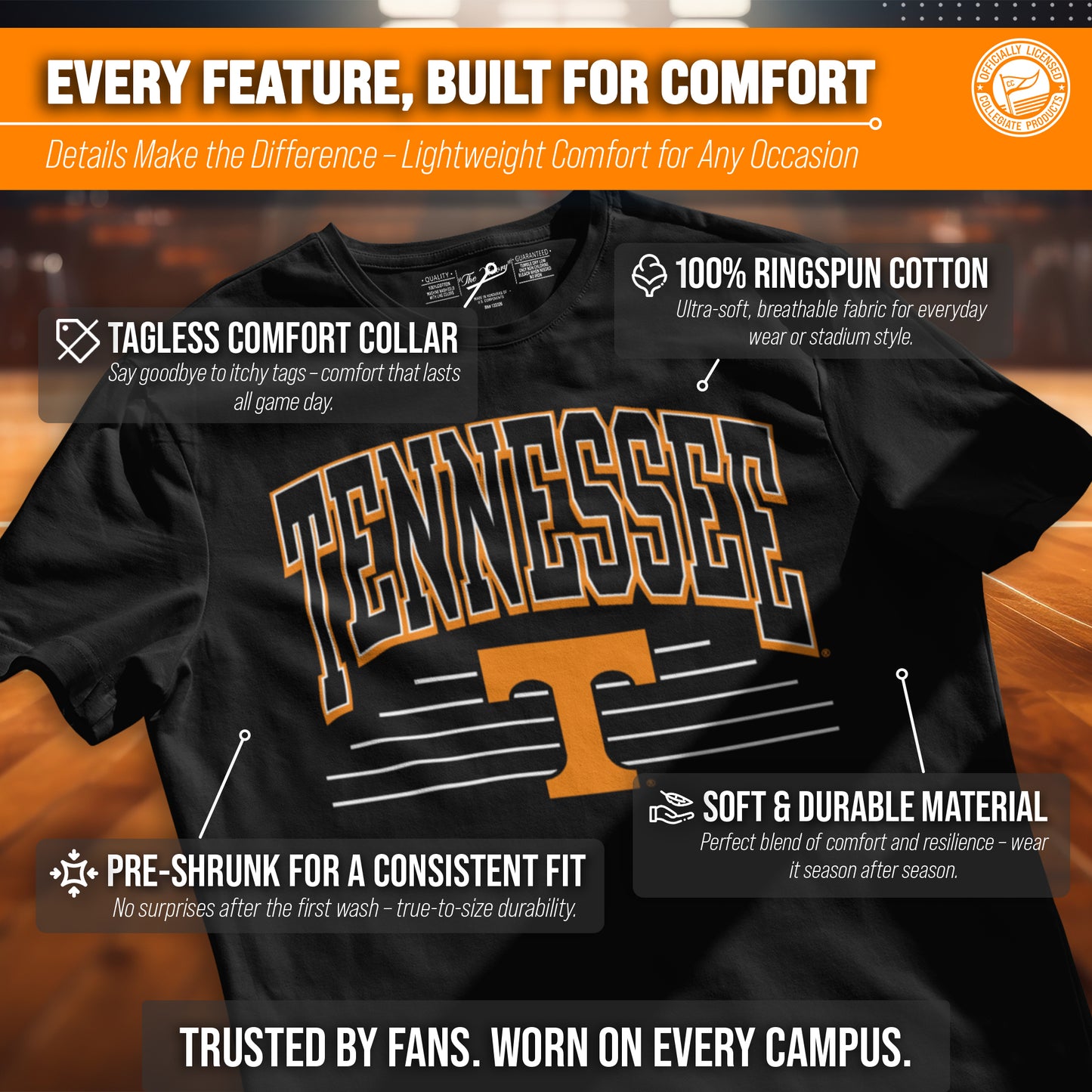 Tennessee Volunteers NCAA Adult Unisex Overtime Classics T-Shirt - Black
