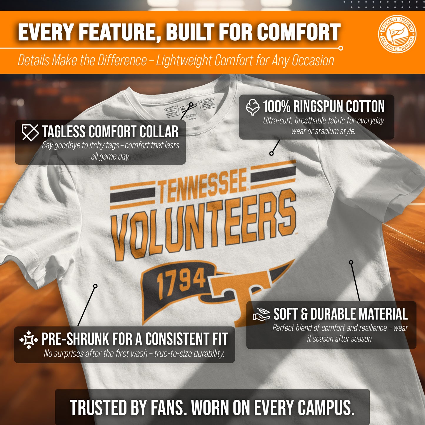 Tennessee Volunteers NCAA Adult Unisex Varsity Club Pennant T-Shirt Tag-Less - Off White
