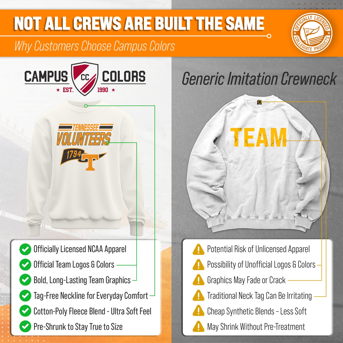 Tennessee Volunteers NCAA Adult Unisex Varsity Club Pennant Crewneck Fleece Sweatshirt - Off White