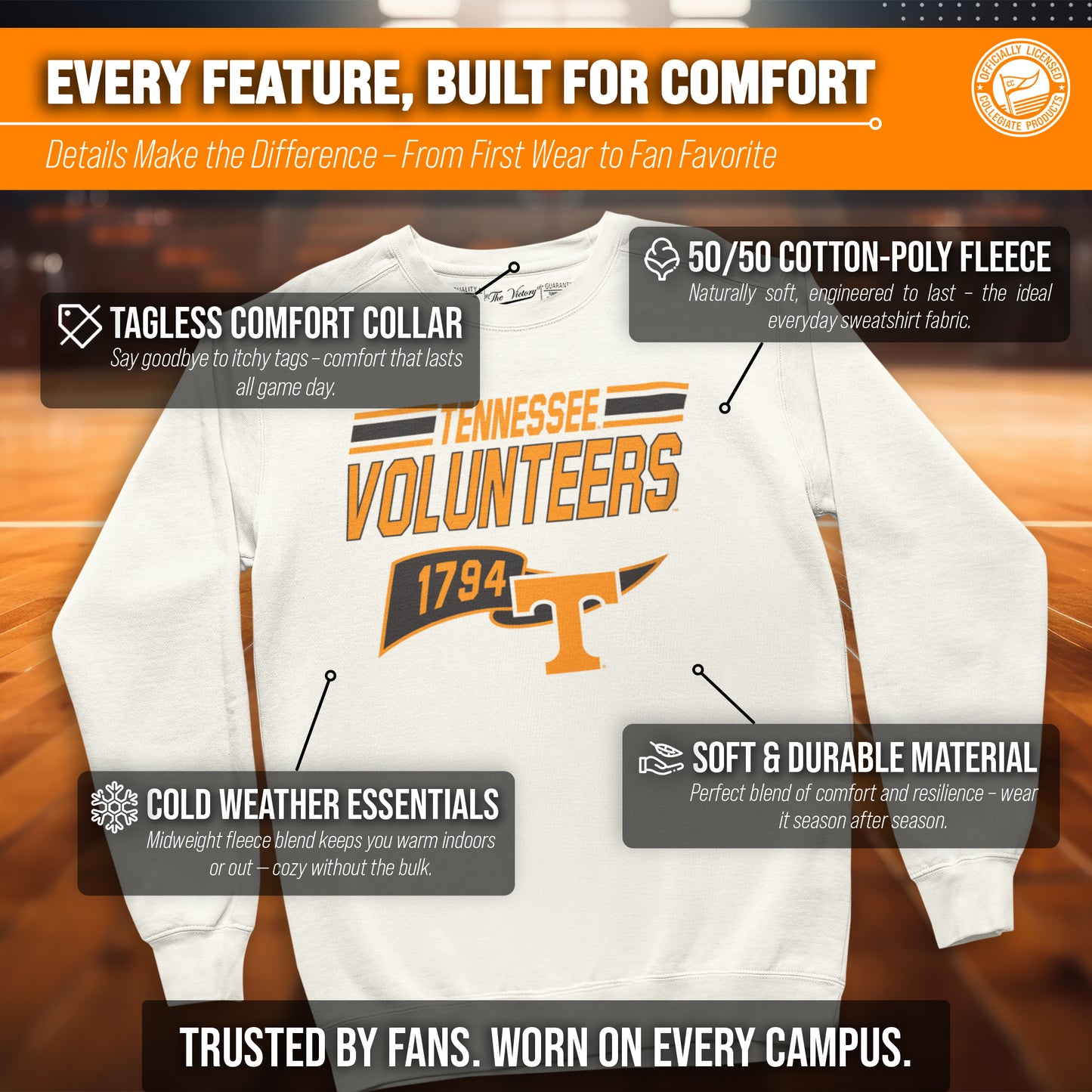 Tennessee Volunteers NCAA Adult Unisex Varsity Club Pennant Crewneck Fleece Sweatshirt - Off White
