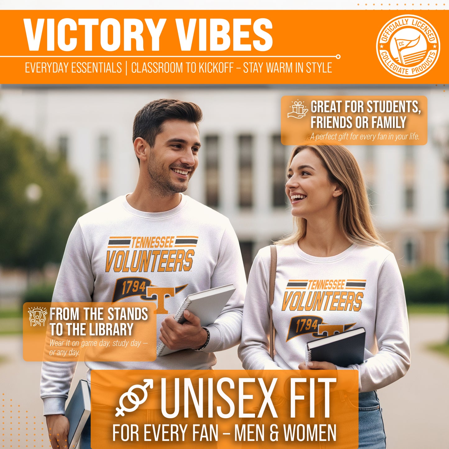 Tennessee Volunteers NCAA Adult Unisex Varsity Club Pennant Crewneck Fleece Sweatshirt - Off White