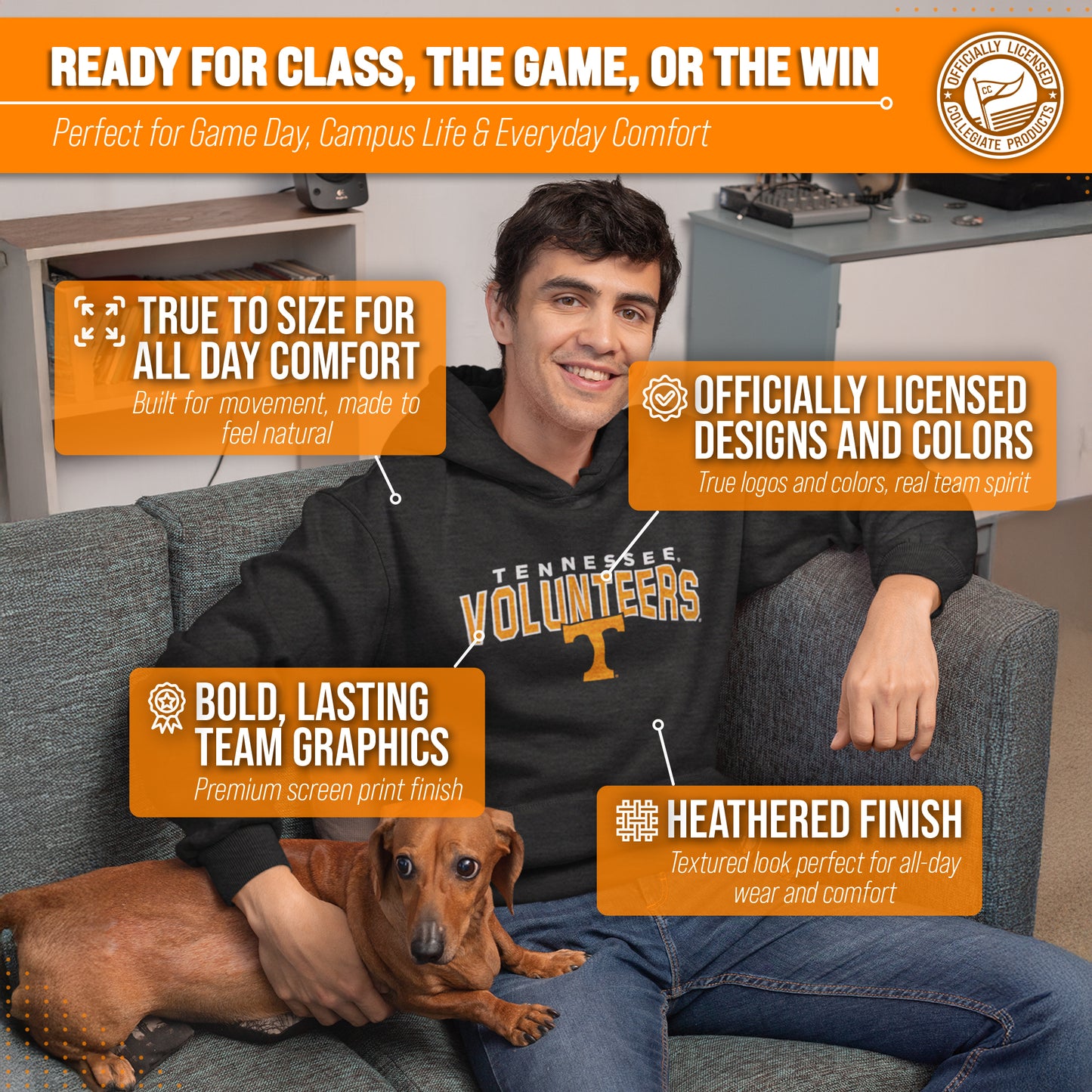 Tennessee Volunteers NCAA Adult Unisex Starting Fresh Heathered Hooded Fleece Sweatshirt - Black Heather