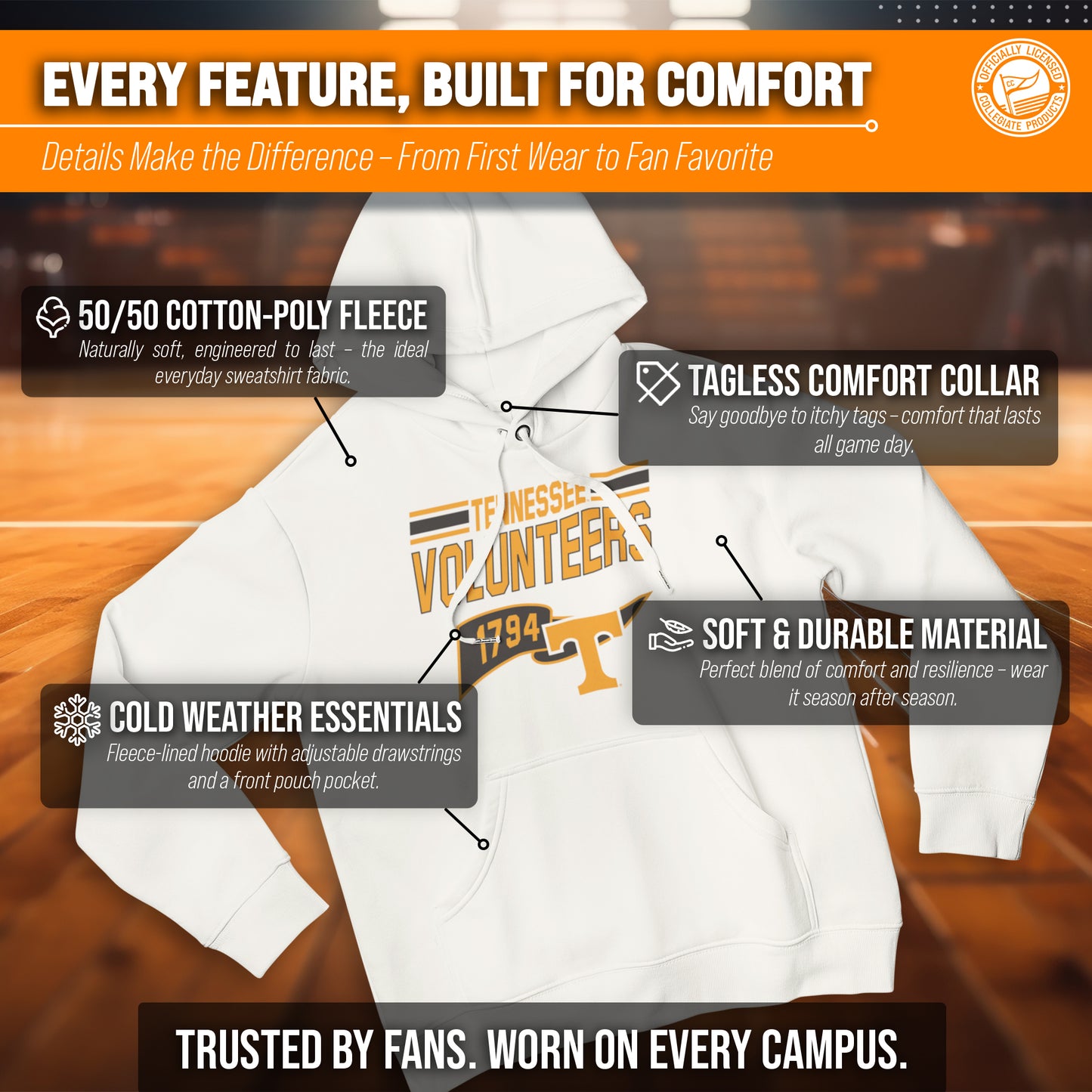 Tennessee Volunteers NCAA Adult Unisex Varsity Club Pennant Hooded Fleece Sweatshirt - Off White