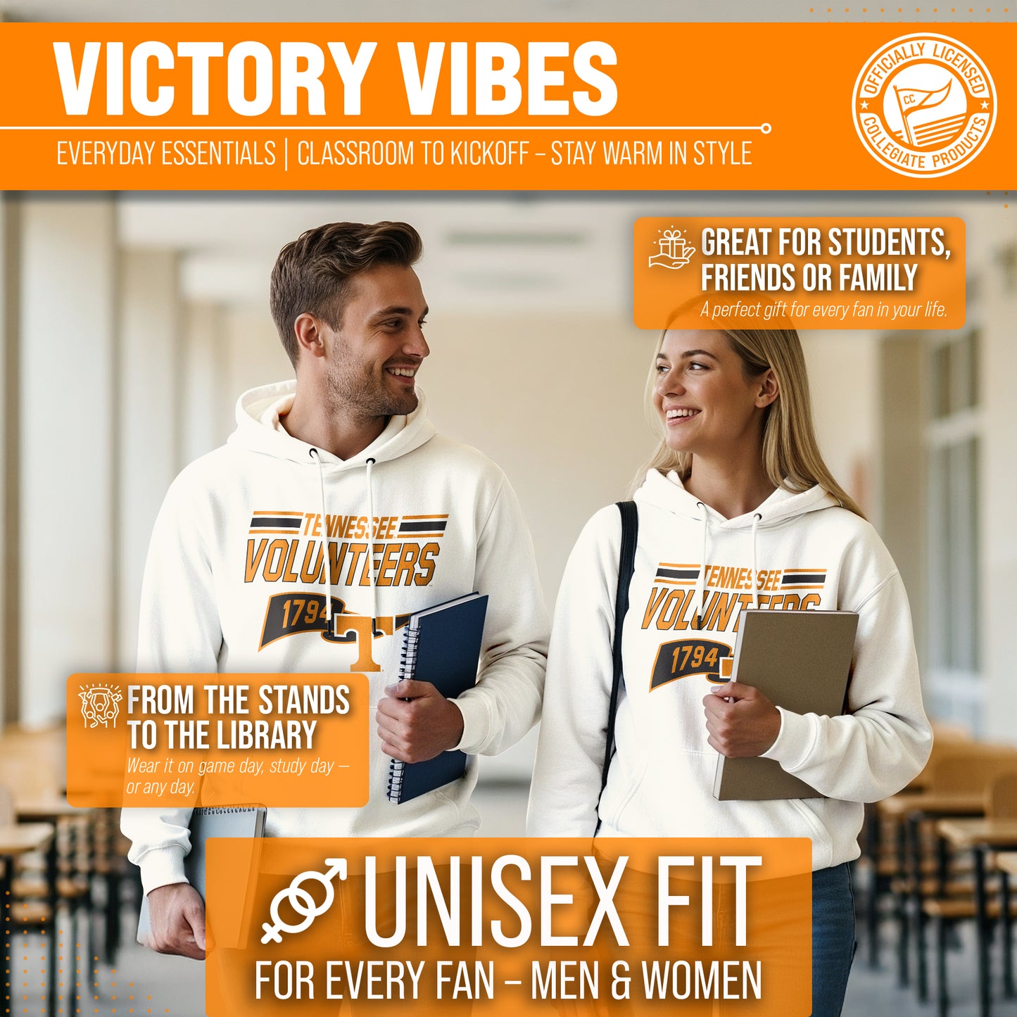 Tennessee Volunteers NCAA Adult Unisex Varsity Club Pennant Hooded Fleece Sweatshirt - Off White