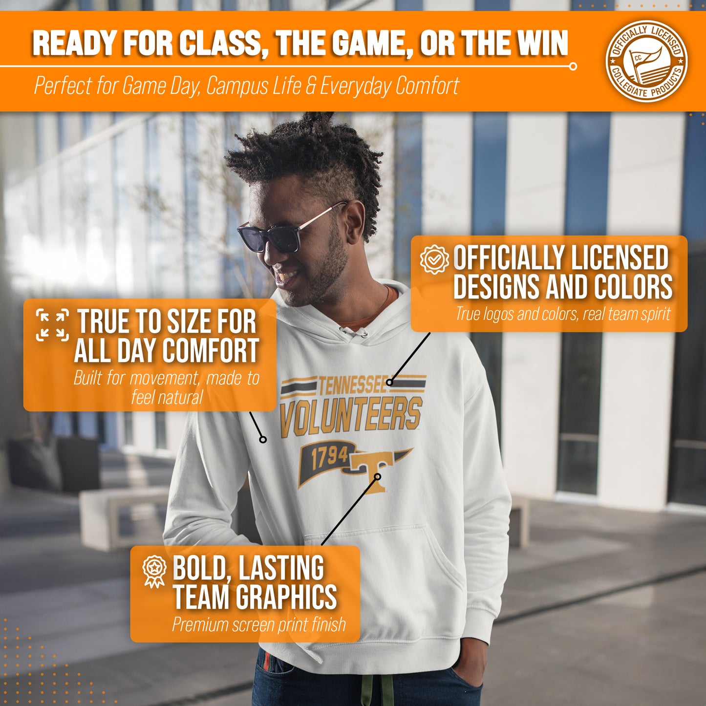Tennessee Volunteers NCAA Adult Unisex Varsity Club Pennant Hooded Fleece Sweatshirt - Off White