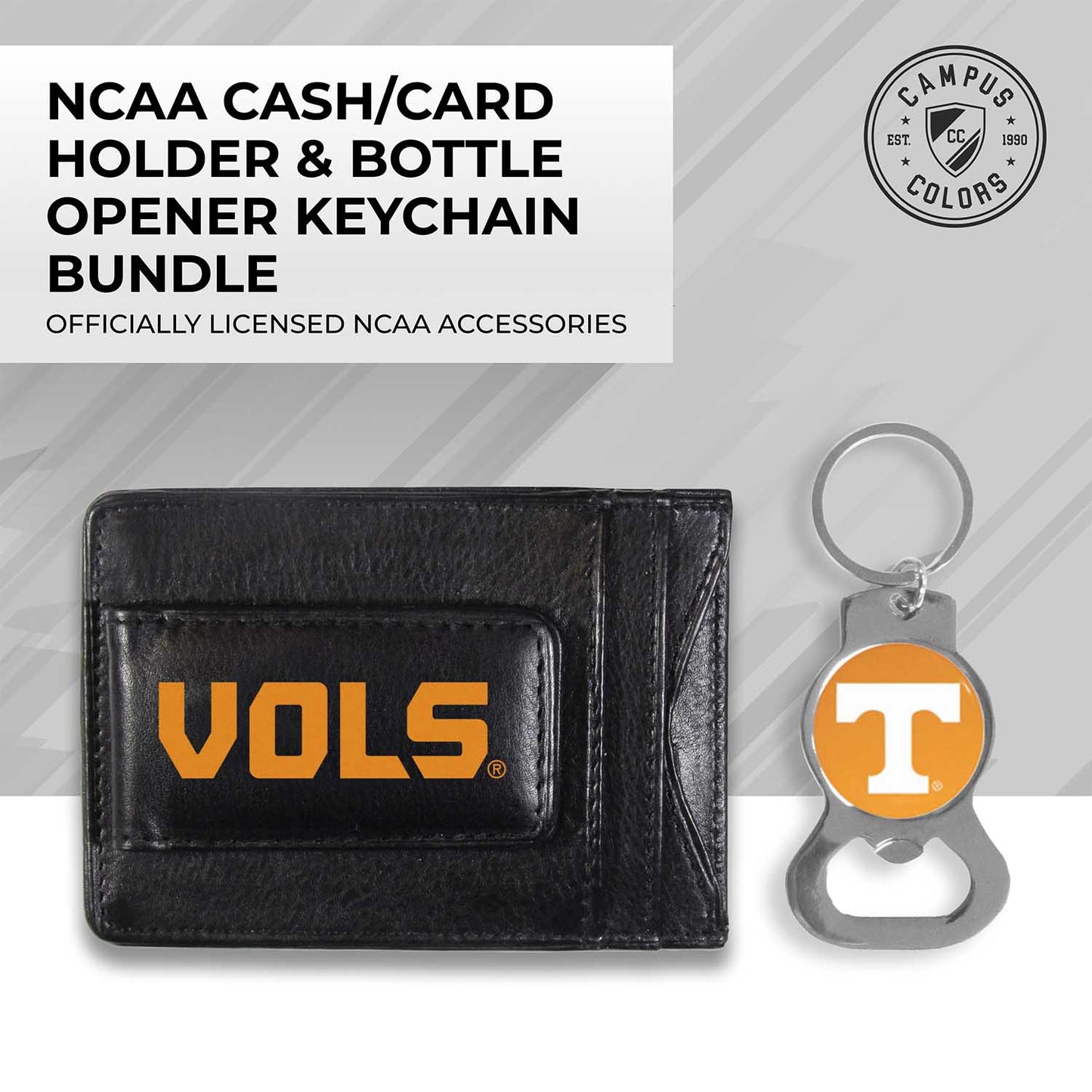 Tennessee Volunteers School Logo Leather Card/Cash Holder and Bottle Opener Keychain Bundle - Black