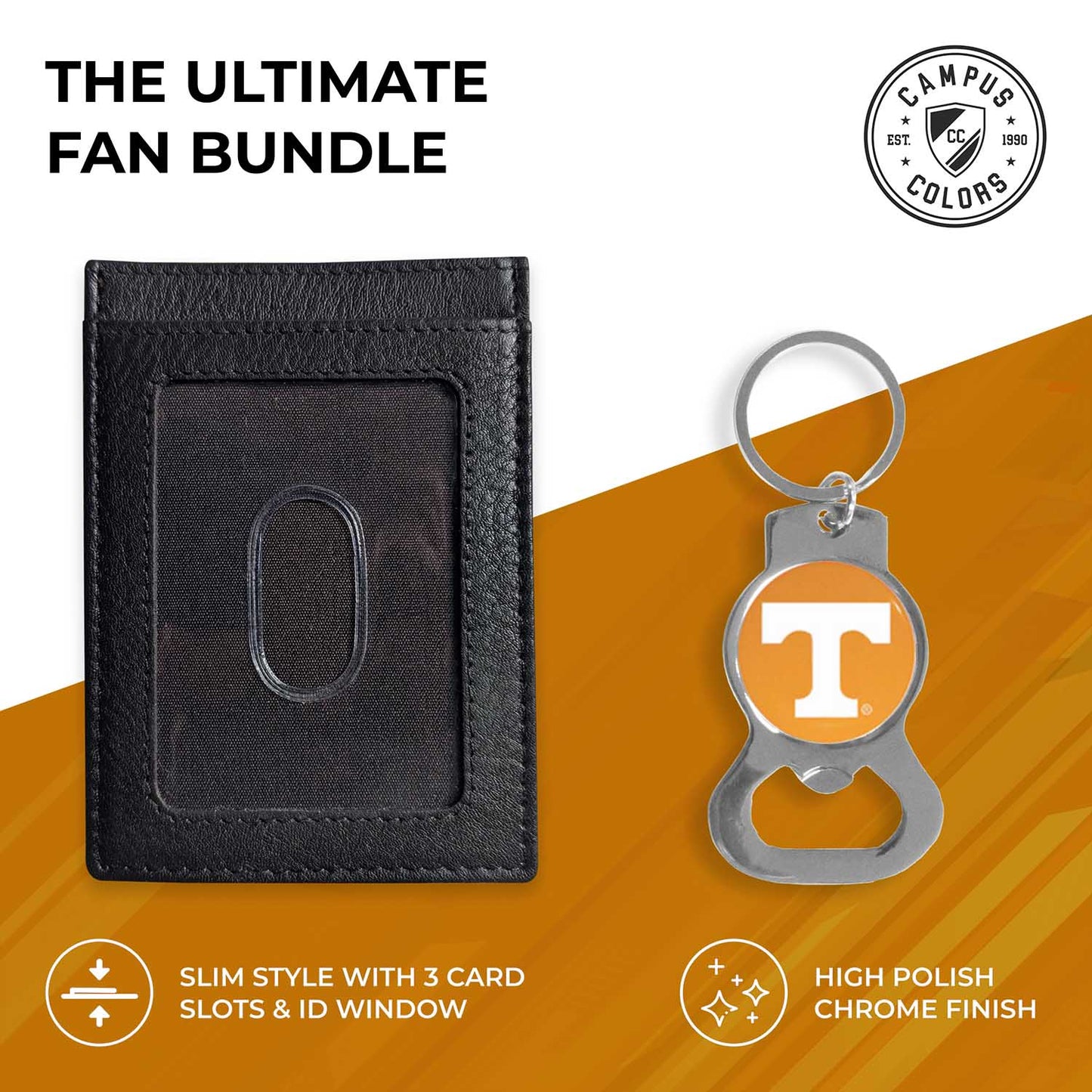 Tennessee Volunteers School Logo Leather Card/Cash Holder and Bottle Opener Keychain Bundle - Black