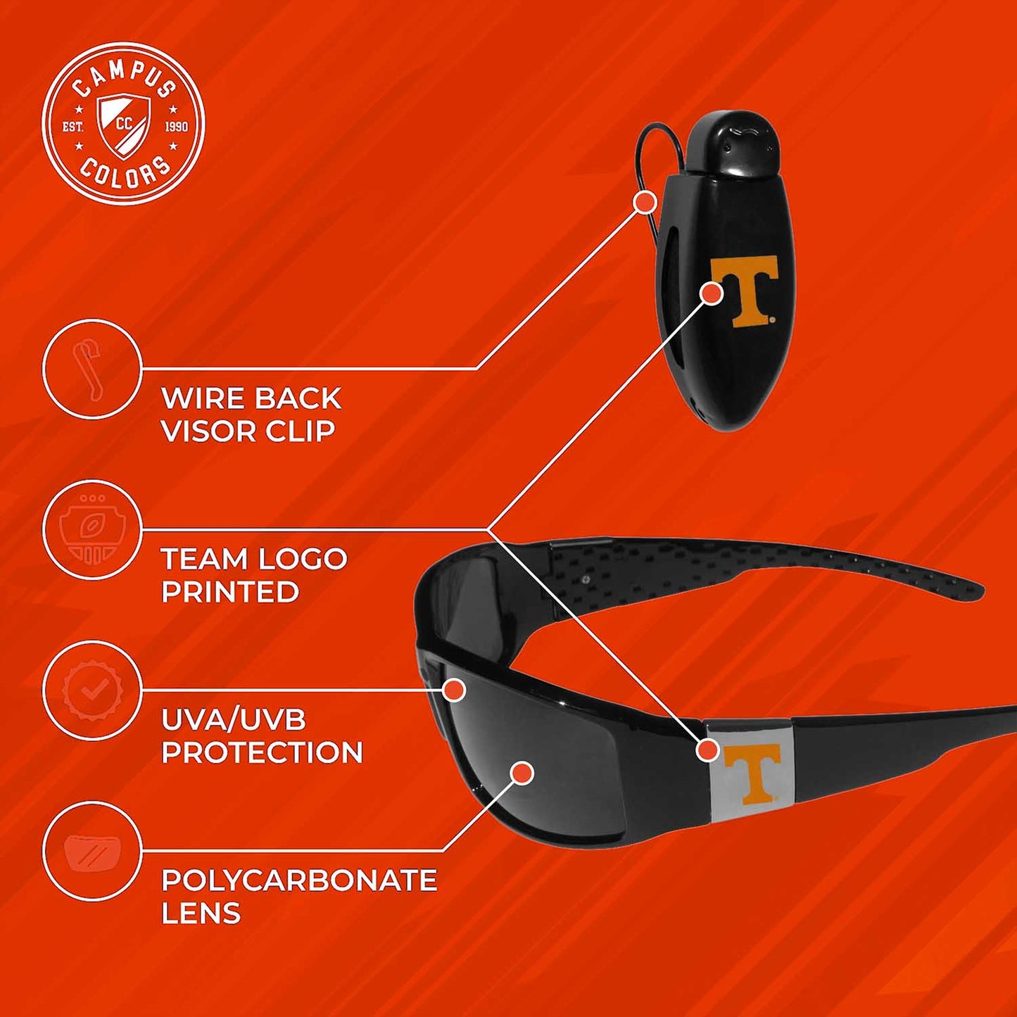 Tennessee Volunteers NCAA Black Chrome Sunglasses with Visor Clip Bundle - Black