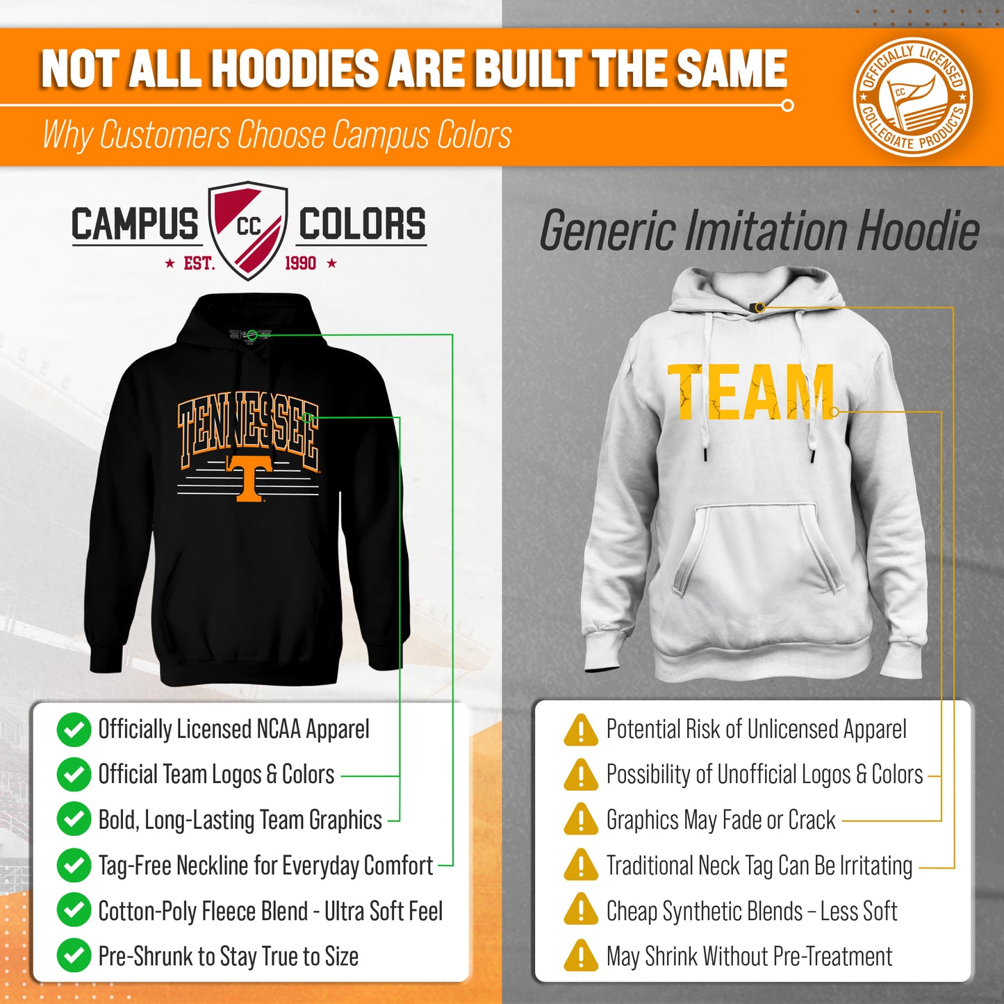 Tennessee Volunteers NCAA Adult Unisex Overtime Classics Hooded Fleece Sweatshirt - Black