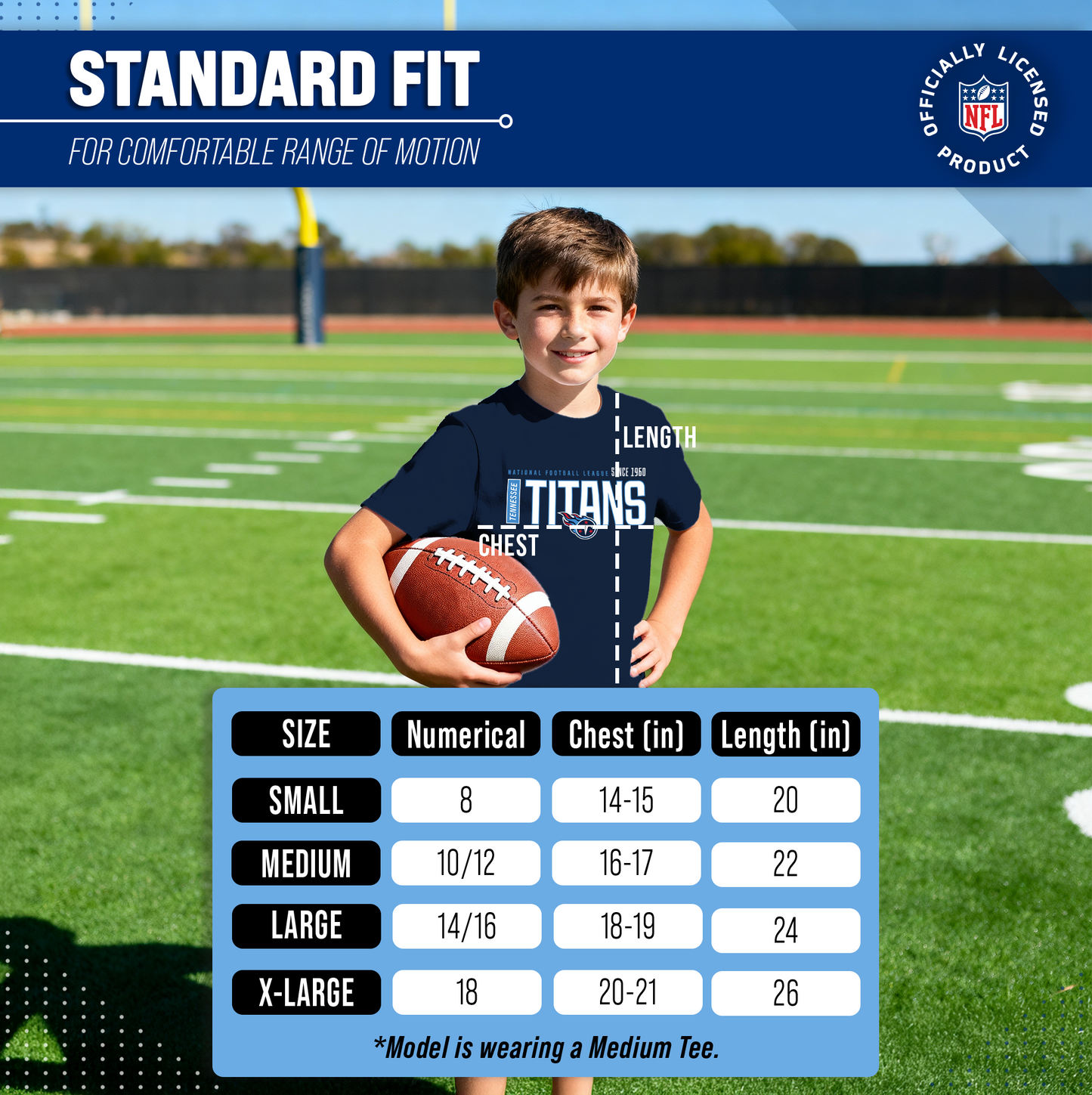 Tennessee Titans NFL Youth Modern Endzone Football T-Shirt Unisex Tag Free Comfortable - Navy