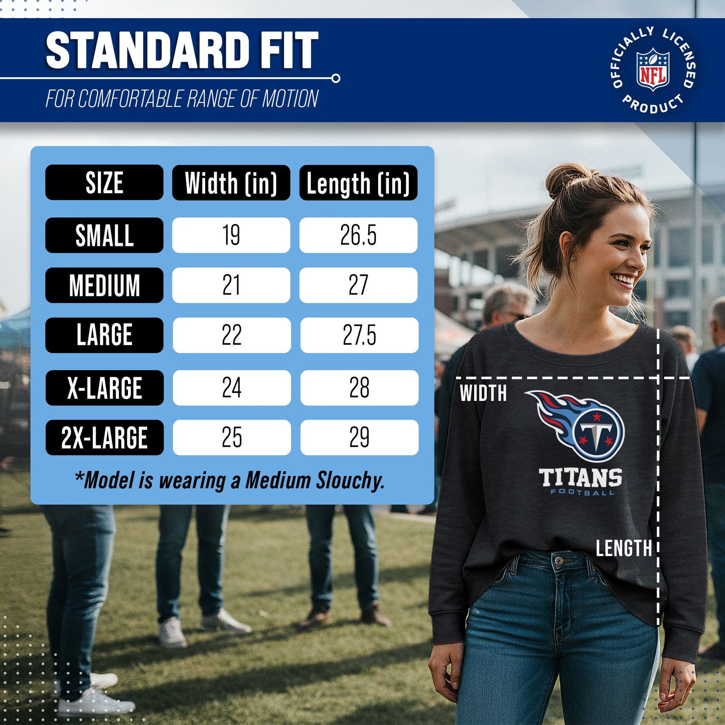 Tennessee Titans Women's NFL Ultimate Fan Logo Slouchy Crewneck -Tagless Fleece Lightweight Pullover - Charcoal