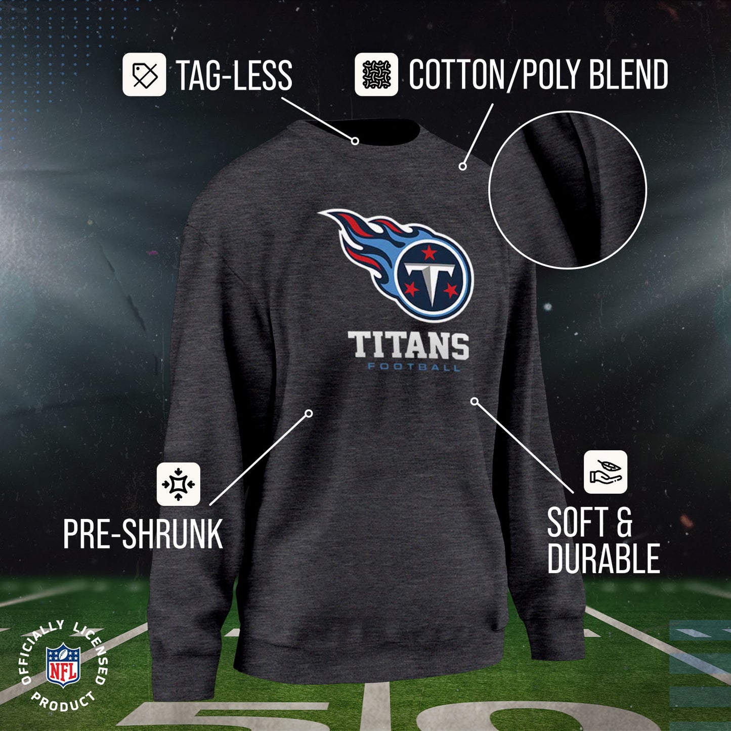 Tennessee Titans Women's NFL Ultimate Fan Logo Slouchy Crewneck -Tagless Fleece Lightweight Pullover - Charcoal