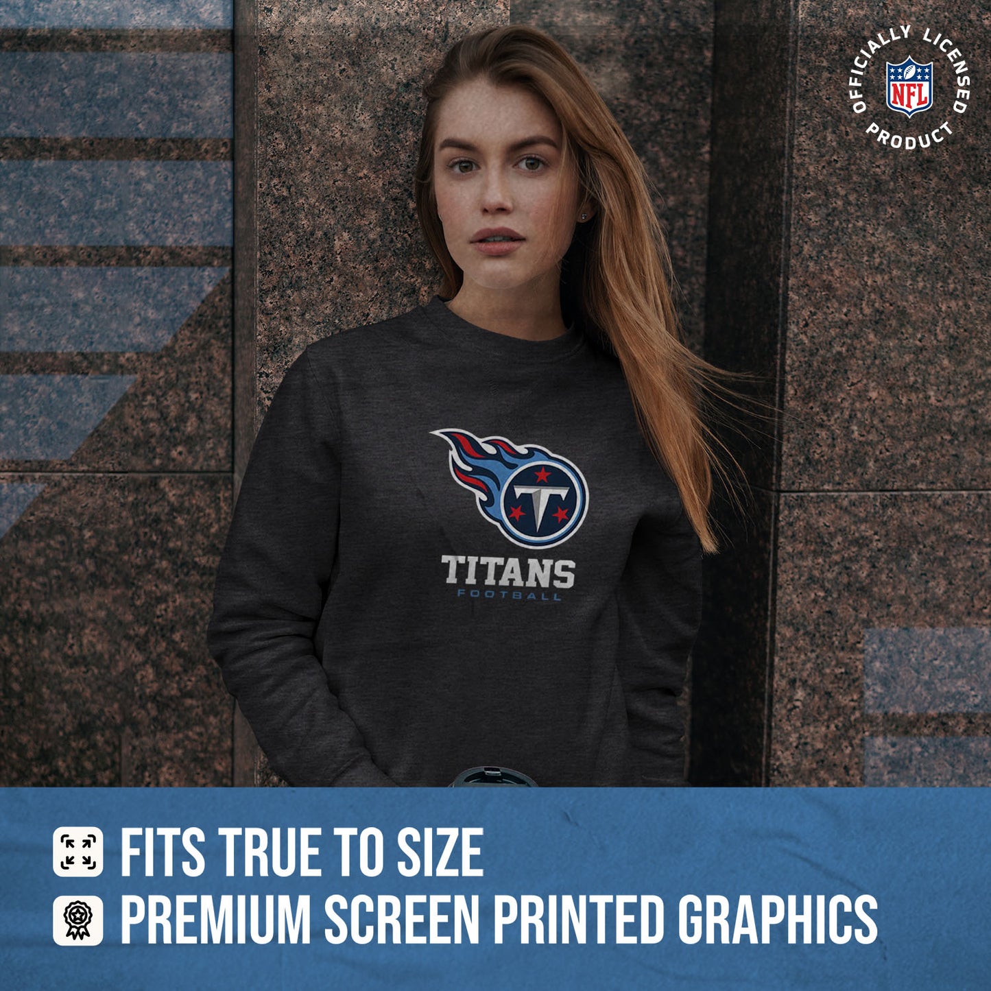 Tennessee Titans Women's NFL Ultimate Fan Logo Slouchy Crewneck -Tagless Fleece Lightweight Pullover - Charcoal
